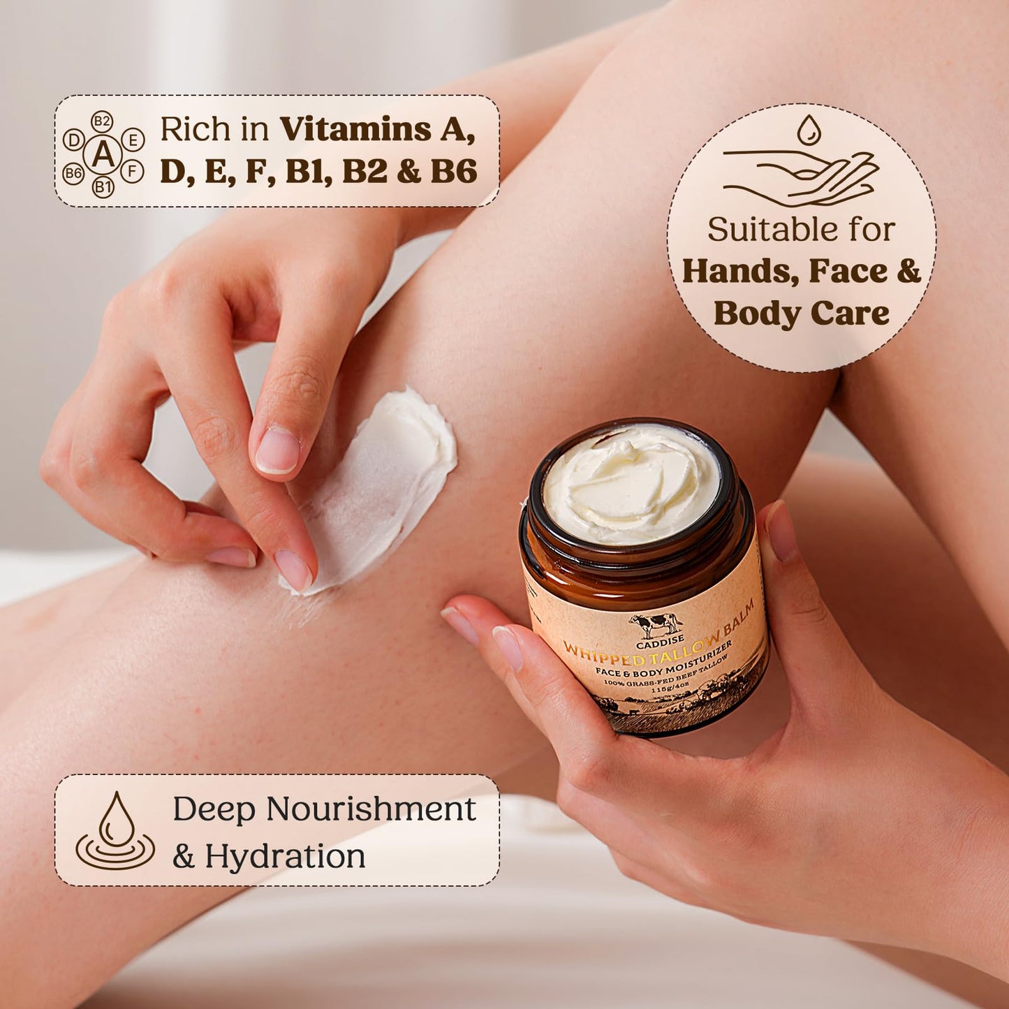 Whipped Beef Tallow for Skin-100% Grass-Fed Handmade Cream Moisturizer for Face & Body, Natural with Honey, Shea Butter, Jojoba