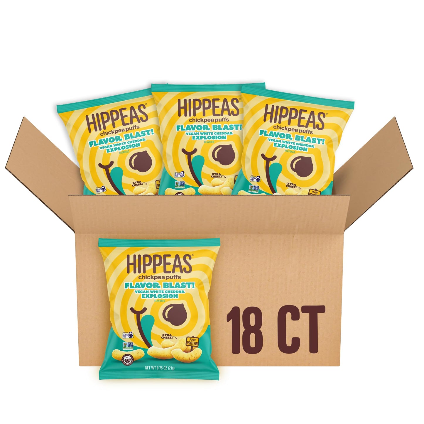 Hippeas Chickpea Puffs, Flavor Blast: White Cheddar Explosion, 0.75 Ounce (Pack of 18), 3g Protein, 2g Fiber, Vegan, Gluten-Free