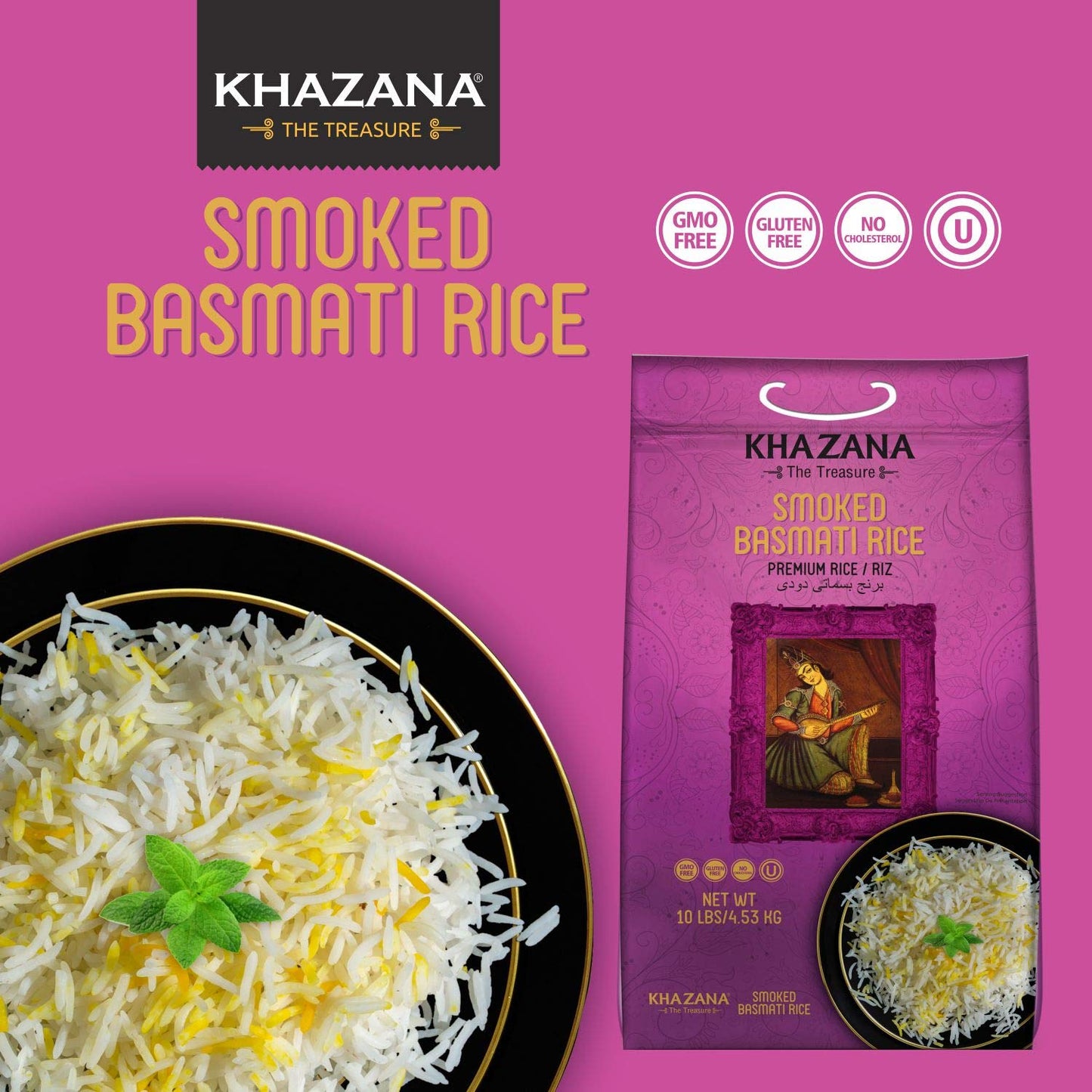 Khazana Authentic Smoked Basmati Rice, Aromatic Indian Grain, Non-GMO, Gluten Free, 10 lb Bag
