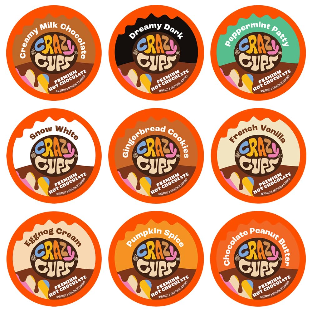 Crazy Cups Premium Hot Chocolate Single Serve Cups, Variety Pack Sampler, 30 Count, Brown