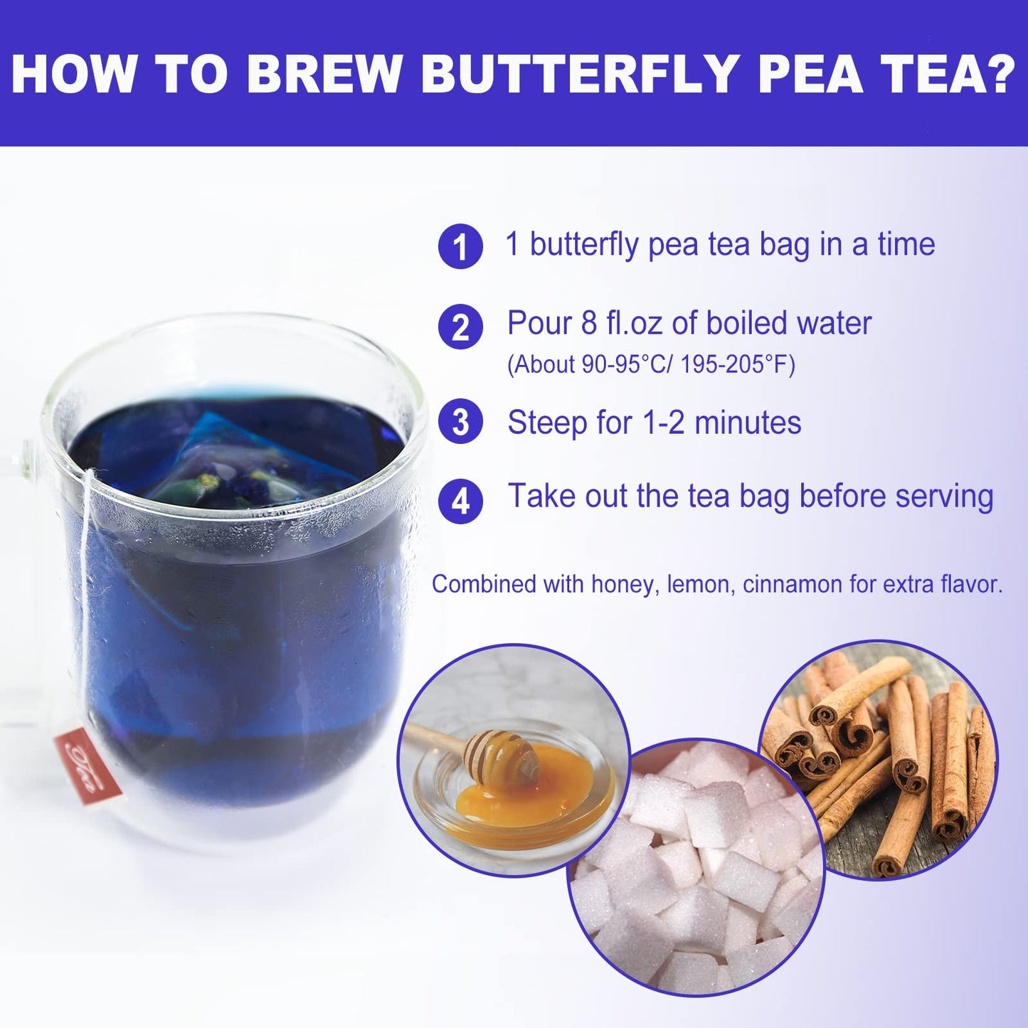 FullChea Butterfly Pea Flower Tea Bags - 30 Count, Caffeine-free, Non-GMO, Rich in Antioxidants, Premium Dried from Thailand