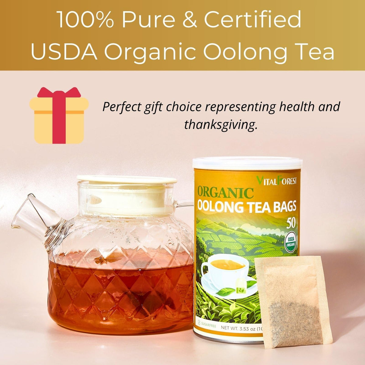 Organic Oolong Tea Bags, 50 Count, Unbleached, Eco-Conscious Chinese Oolong Tea, Vitalforest High Mountain Tea Tie Guan Yin, Non