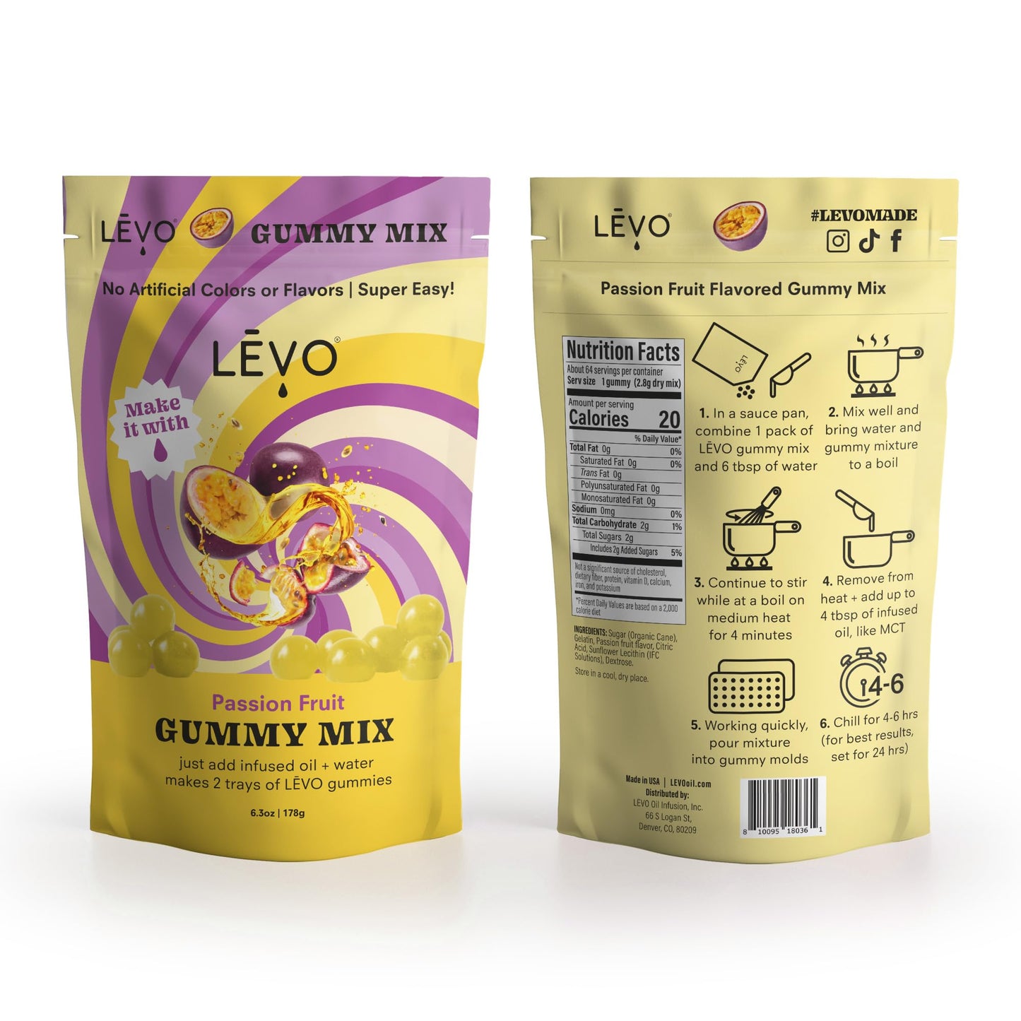 LEVO Gummy Mix - Passion Fruit - Makes 64 Gummies - 6.3 Ounce Pack