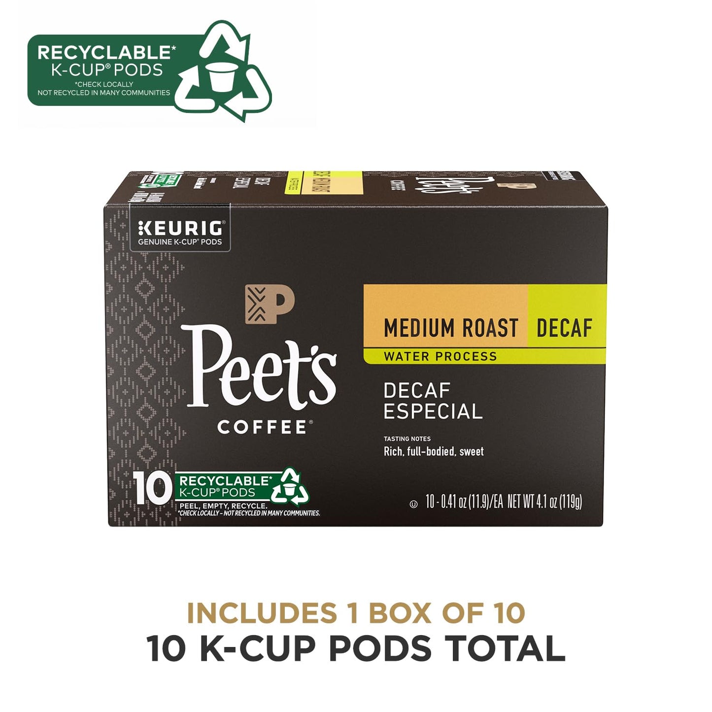 Peets Coffee Medium Roast Decaf K-Cup Pods - 10 Count Box - Black - Model 511877
