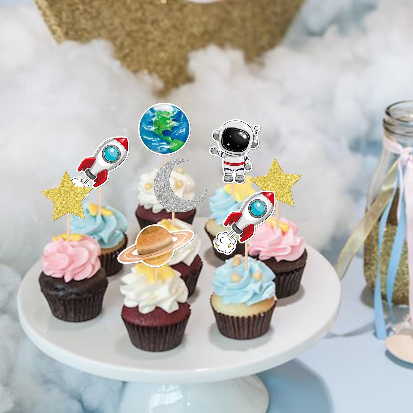 30 Pcs Outer Space Astronaut Cupcake Toppers Planet Rocket Trip To The Moon Star Cupcake Picks For Universe Outer Space Theme Ba