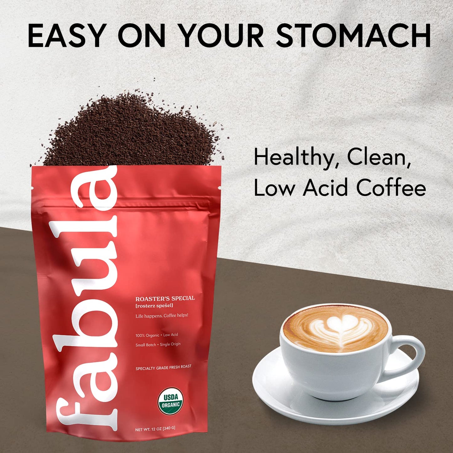 Fabula Coffee Half-Caff Medium Roast - Organic, Low Acid, Non-GMO, Mold Free, 12 Ounces