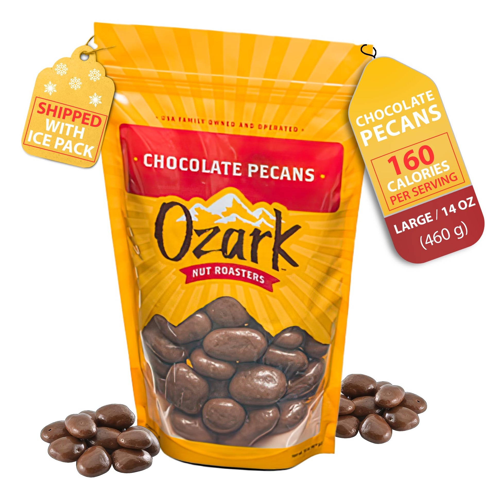 Ozark Nut Roasters  Chocolate-Covered Pecans  Chocolate Flavored Savory Snacks  World-Class Gourmet Candied Nuts  Resealable Pack (16.0 Oz)