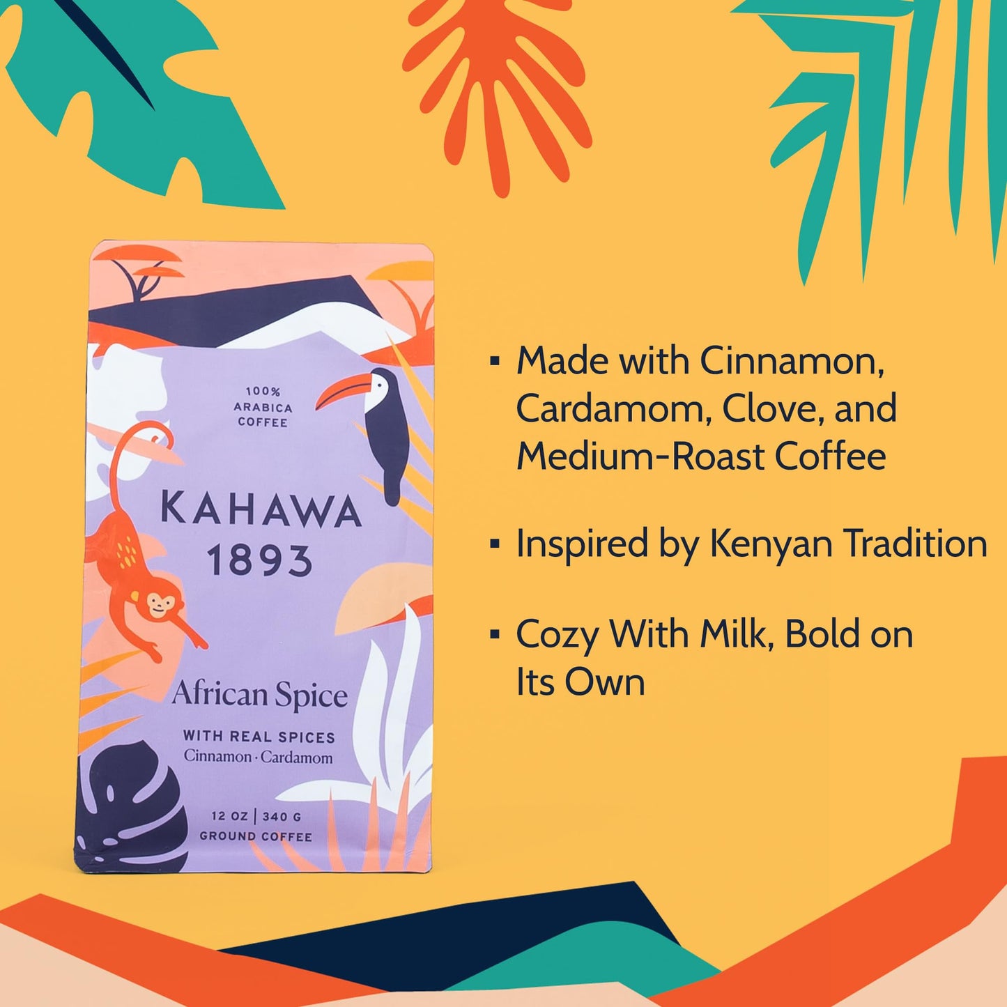 KAHAWA 1893 Ground Coffee Medium Roast with Cinnamon, Cardamom & Clove, 12 Oz, Organically Grown, Ethically Sourced