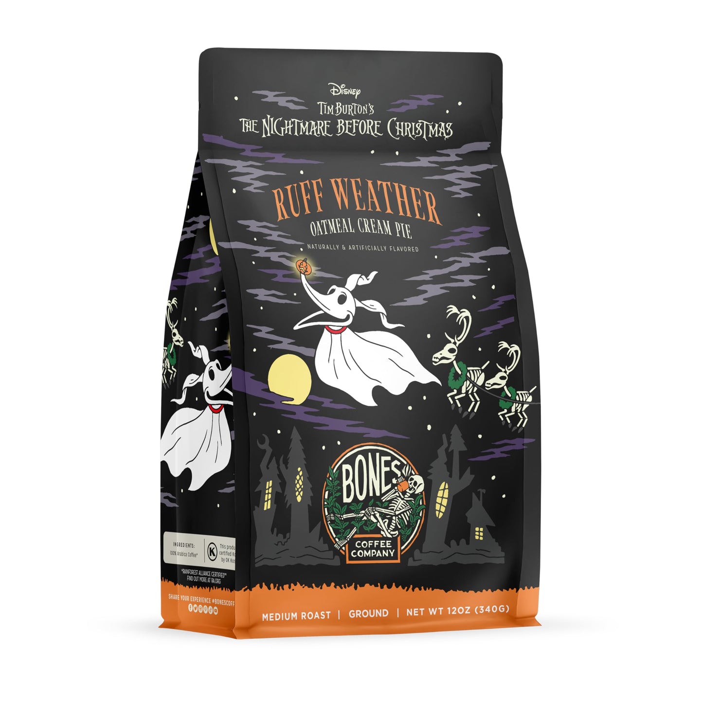 Bones Coffee Company Ruff Weather Flavored Ground Coffee Beans Oatmeal Creampie Flavor, Made with Arabica Coffee Beans, Medium R