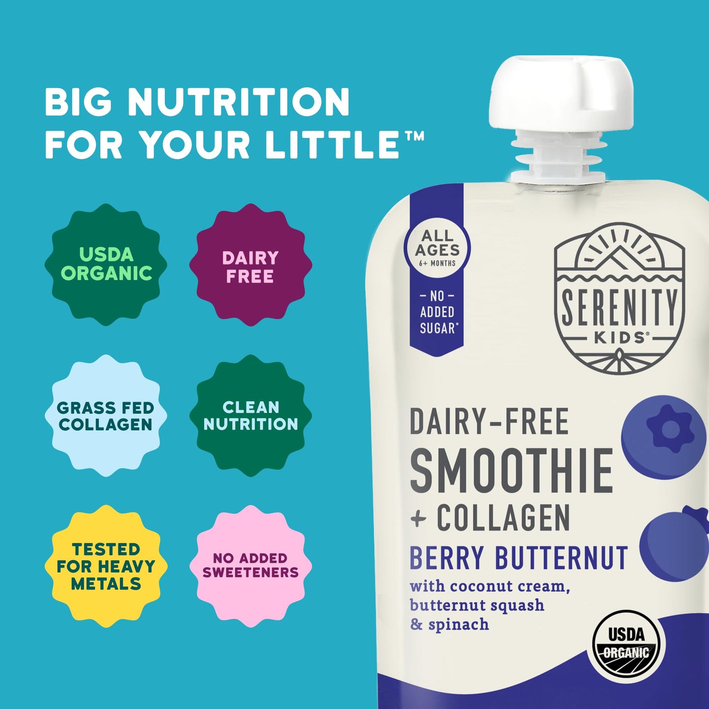 Serenity Kids 6+ Months Dairy-Free Smoothie Baby Food Pouch - Usda Organic & Grass-Fed Collagen Protein - Berry Butternut Flavor - Portable Toddler Snacks - 3.5 Oz, 12 Pack