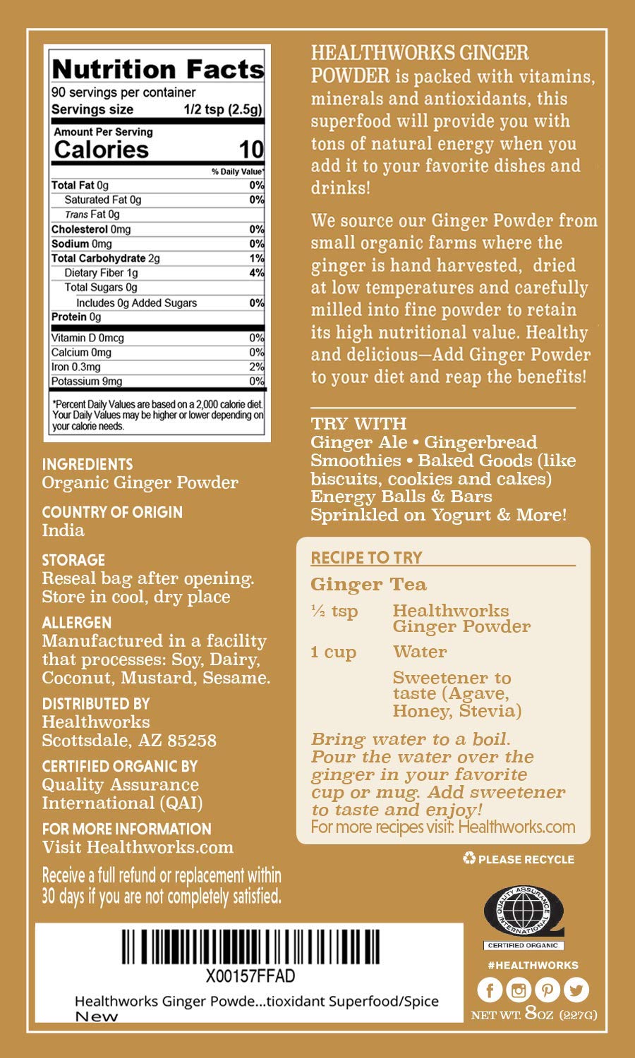 Healthworks Superfoods Organic Ginger Powder - 8 Oz - Ground, Raw & All-Natural - Keto, Vegan - Great with Coffee, Tea & Juices