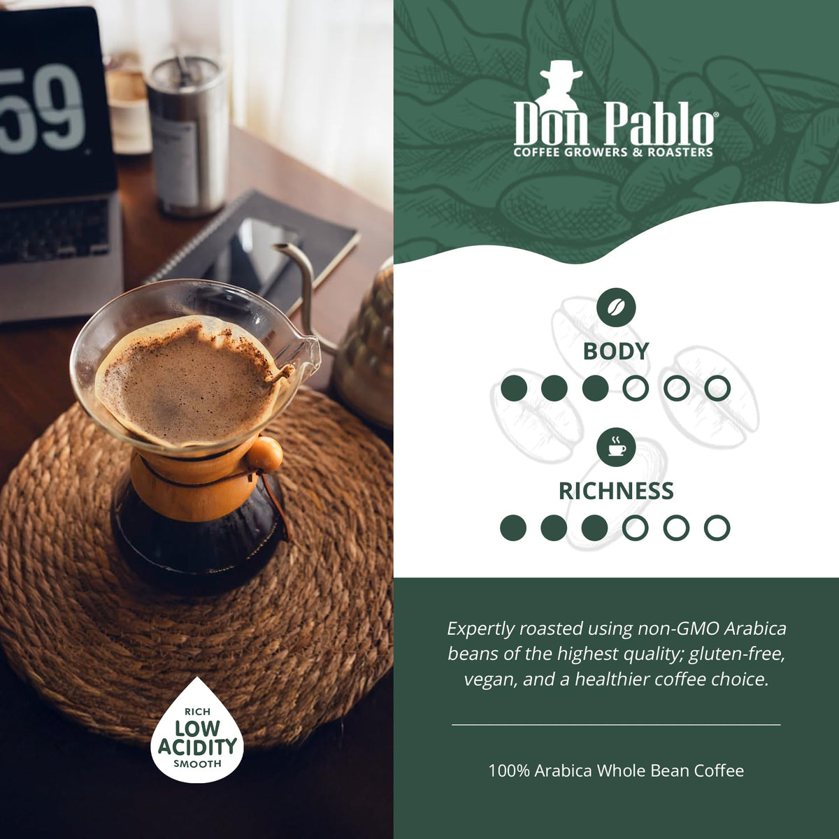 2LB Don Pablo Colombian Decaf - Swiss Water Process Decaffeinated - Medium-Dark Roast - Whole Bean Coffee - Low Acidity - 2 Pound (2 lb) Bag