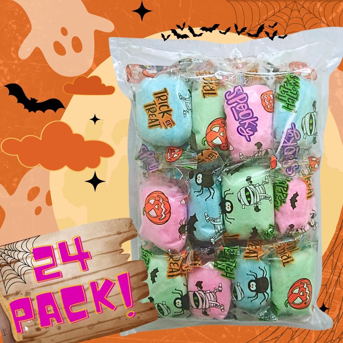 Lupy Lups! Cotton Candy Party Pack Halloween Edition - 0.5 oz 24 Pack Each  Individually Wrapped - Perfect for Stockings    Party Favors  Buffet Tables  and Piatas