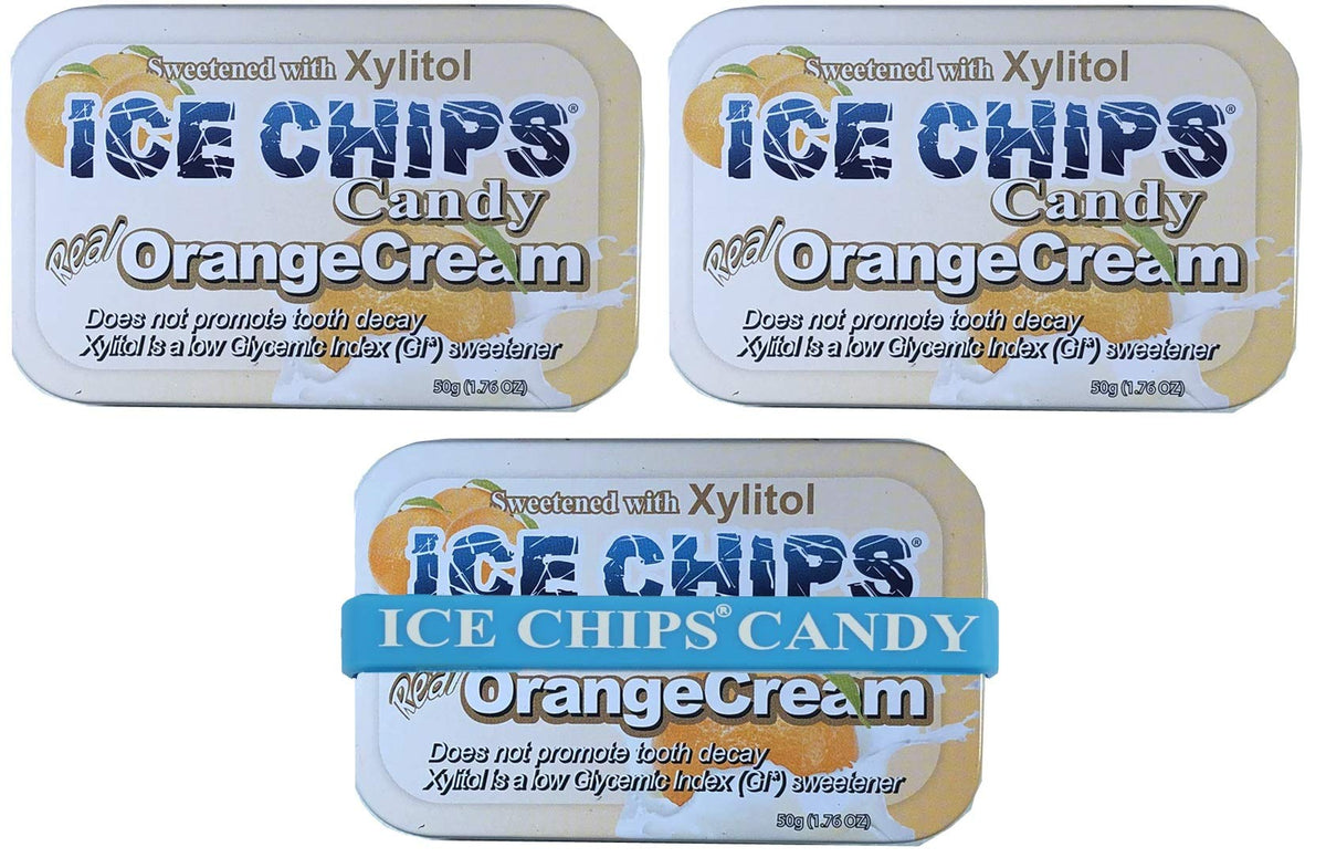 Ice Chips Xylitol Candy Tins (Orange Cream, 3 Pack) - Includes Band As Shown