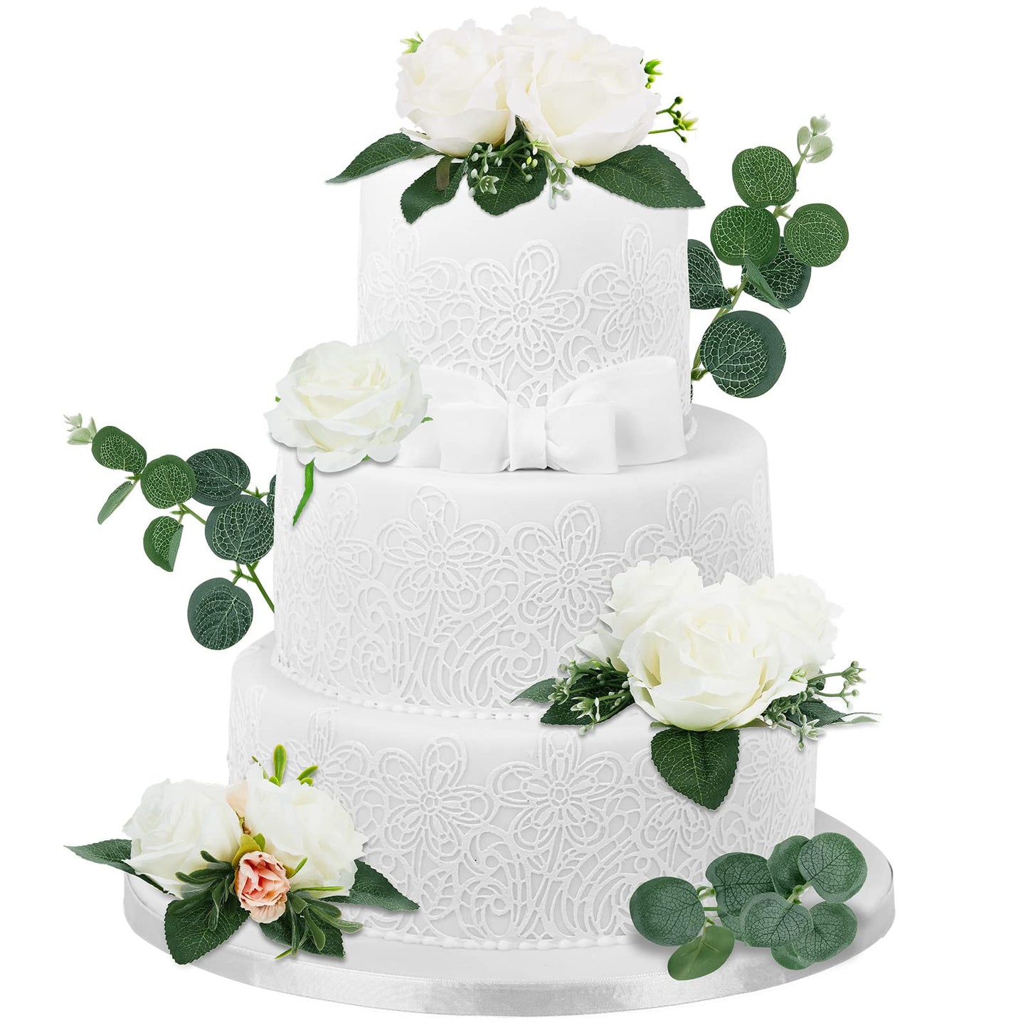 Taiyin Flower Cake Topper Set, 9 Pcs Eucalyptus Floral Decorations for Weddings and Birthdays, White, PVC Material