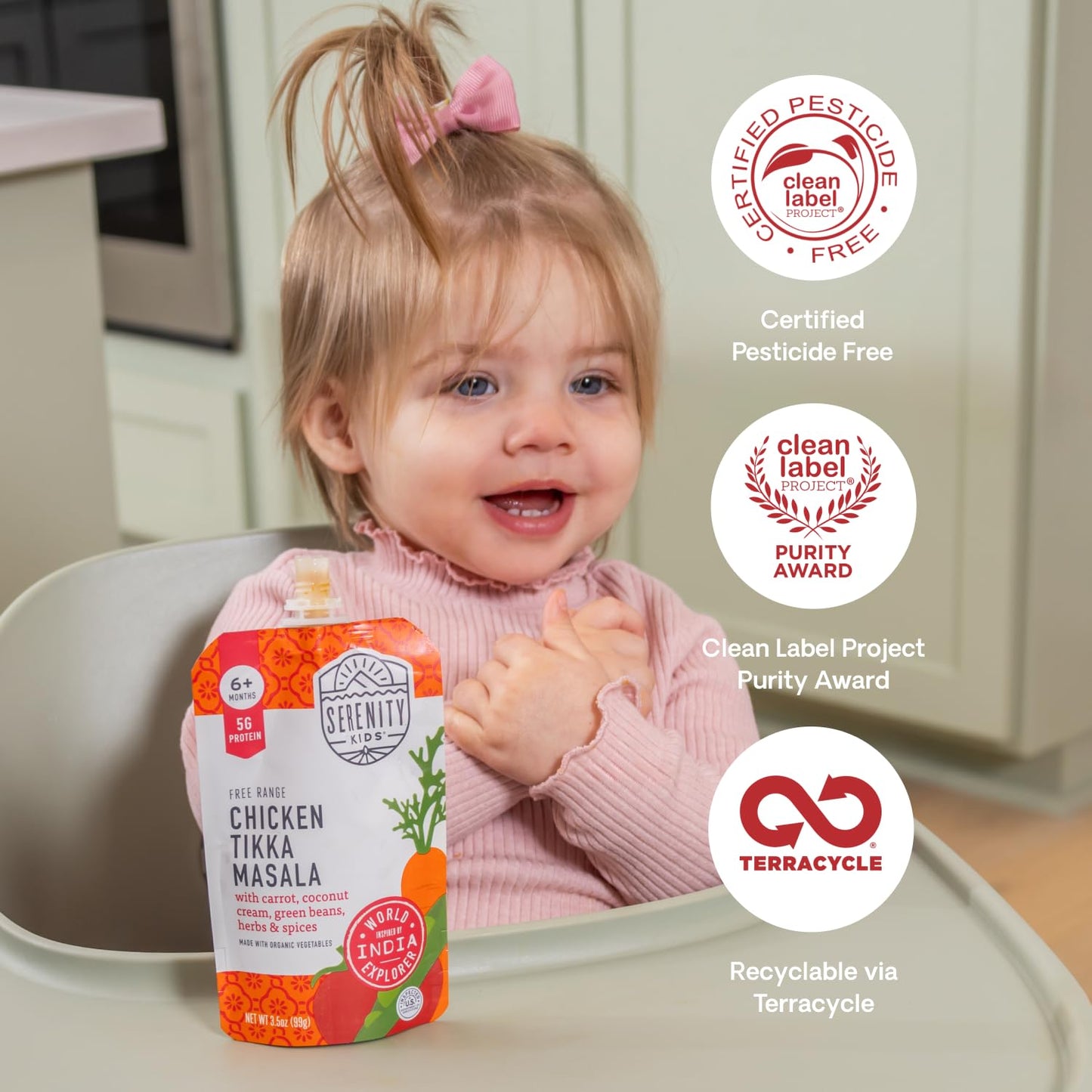 Serenity Kids 6+ Months Chicken Tikka Masala Baby Food Pouch - 3.5 Oz, Pack Of 12-5G Protein Snacks - Nutrient-Packed Chicken Meals - Ready-To-Serve Pureed Baby Food Pouch