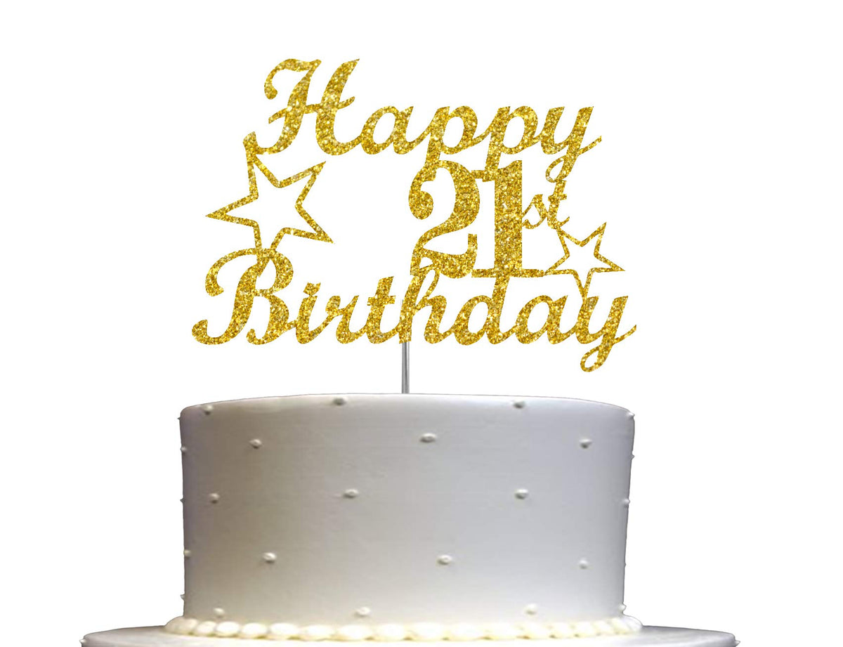 RokAPary 21 Birthday Cake Topper Gold Glitter, Acrylic, 1 Count, Sturdy Double-Sided, Made in USA