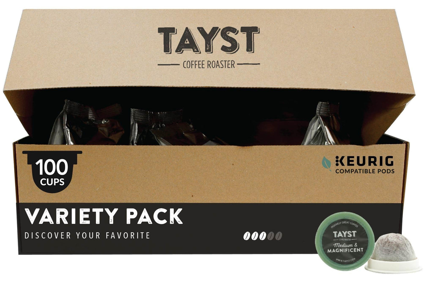 Tayst Coffee Pods Variety Pack, K Cups Compatible, Sustainable, 100 Count, Brown