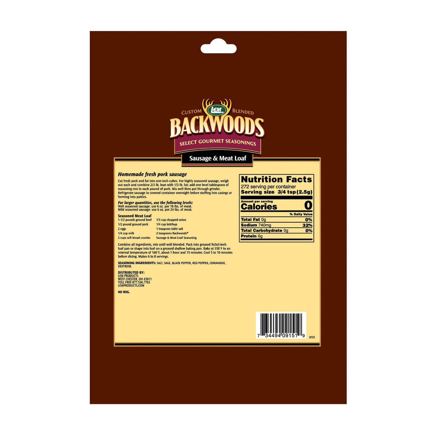 LEM Products Backwoods Sausage and Meatloaf Seasoning, Ideal for Wild Game and Domestic Meat, Seasons Up to 96 Pounds of Meat, 2