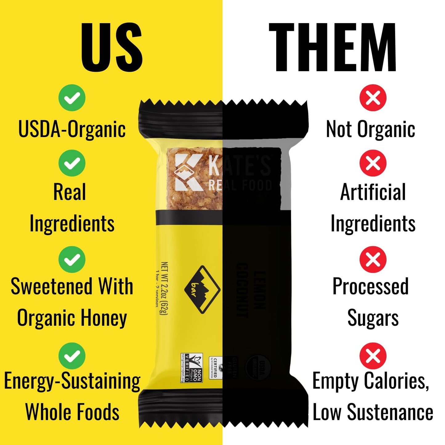 Kates Real Food Organic Granola Bars - Lemon Coconut (2.2 oz  Pack of 12) - Organic Energy Bars Made with Gluten Free Oats - Non GMO  Soy Free  Whole Grains  and All Natural - Healthy Snacks