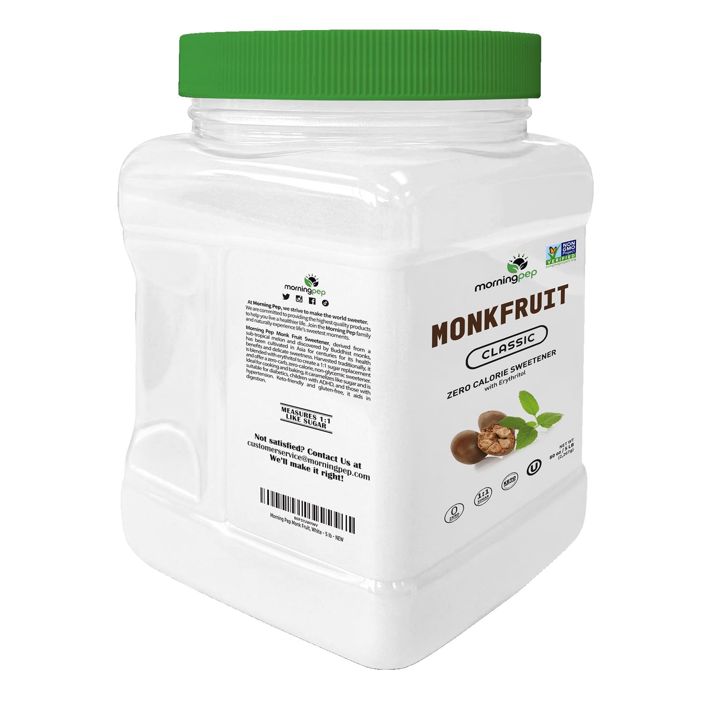 Morning Pep Monk Fruit Sweetener  Classic | White Sugar Substitute  Keto Diet Friendly  1:1 Sugar Replacement  For Baking  Coffee  Tea  Zero Calorie Non Gmo Project Verified  OU Kosher  White - 5 lb