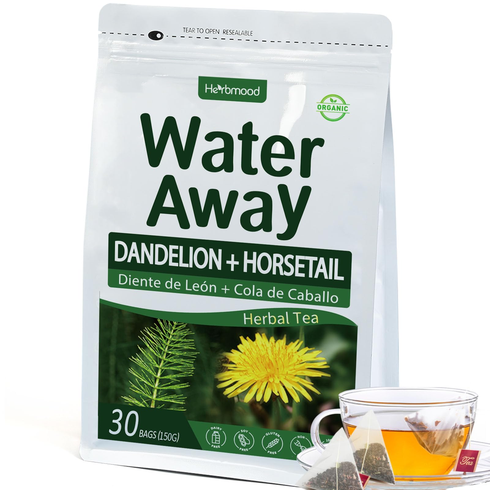 Herbmood Water Away Tea Bags  Herbal Tea Blend With Dandelion  Horsetail  Astragalus Root  Lotus Leaf  Job S Tears  Kudzu Root  And Tangerine Peel. 30 Bags
