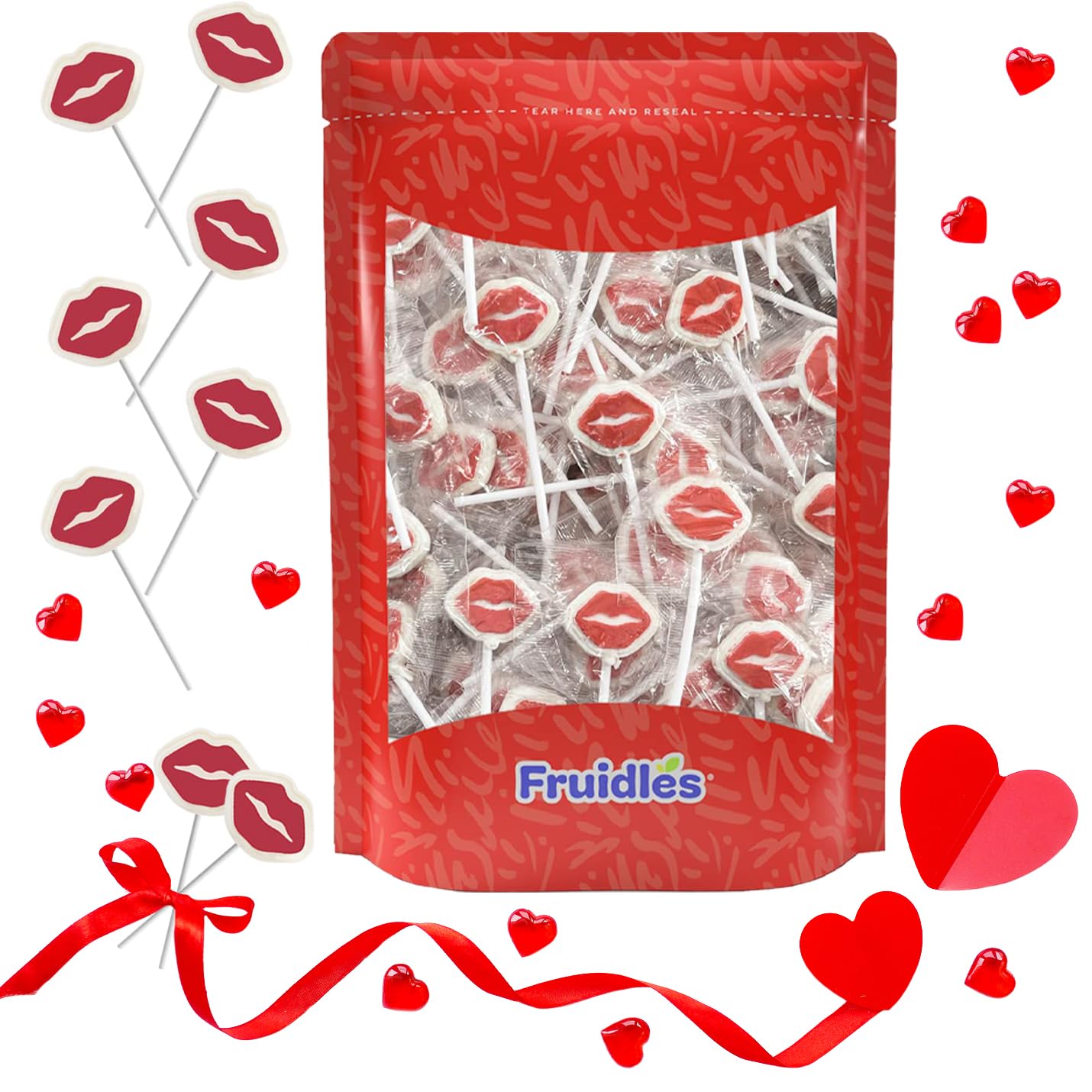 Fruidles Valentine'S Red Lips Tattoo Lollipop Sucker, White Lip Shaped Lollipop With Red Lips, Individually Wrapped Candy (2 Pounds)