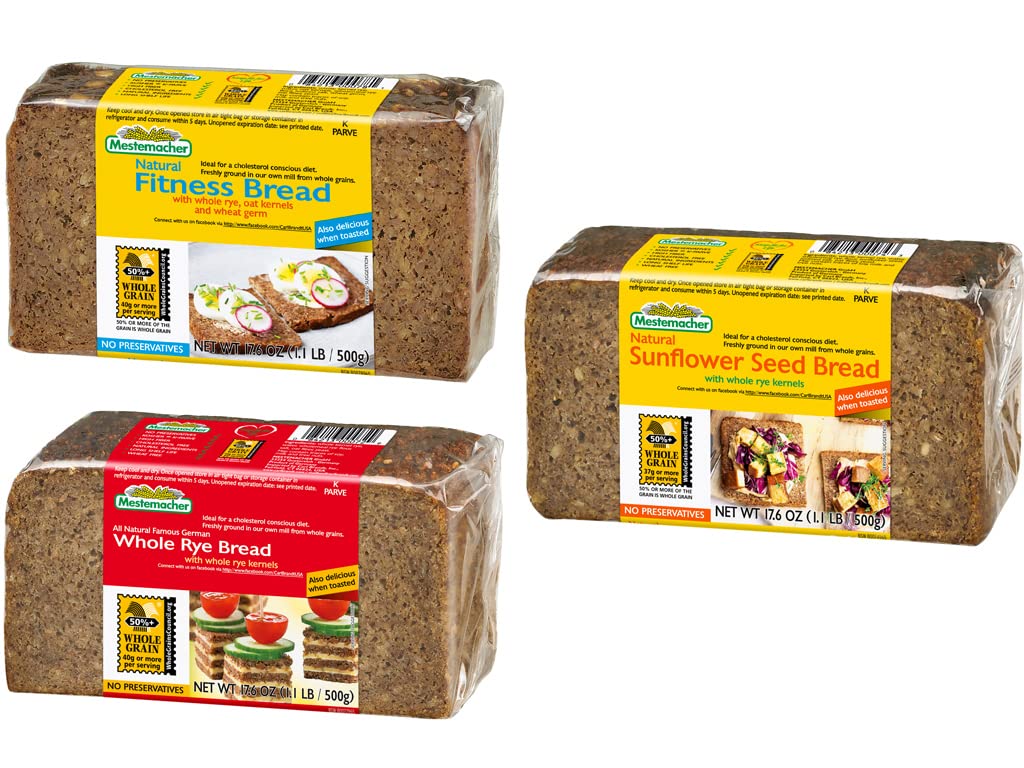 Mestemacher Whole Grain Bread (Fitness, Whole Rye, Sunflower Seed, Variety Pack Of 3)