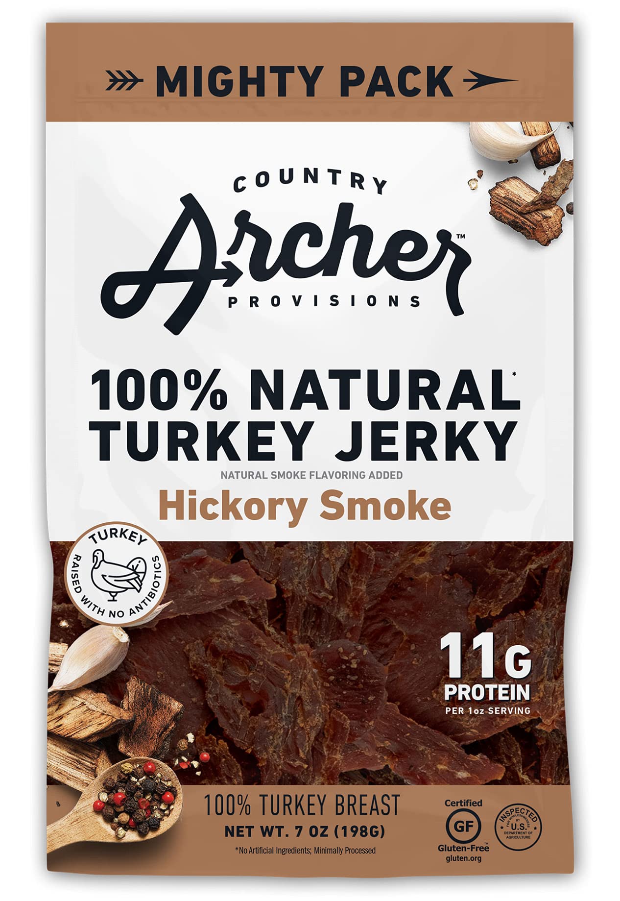 Country Archer Turkey Jerky, Hickory Smoke, Antibiotic Free, Gluten Free, 7 Ounce