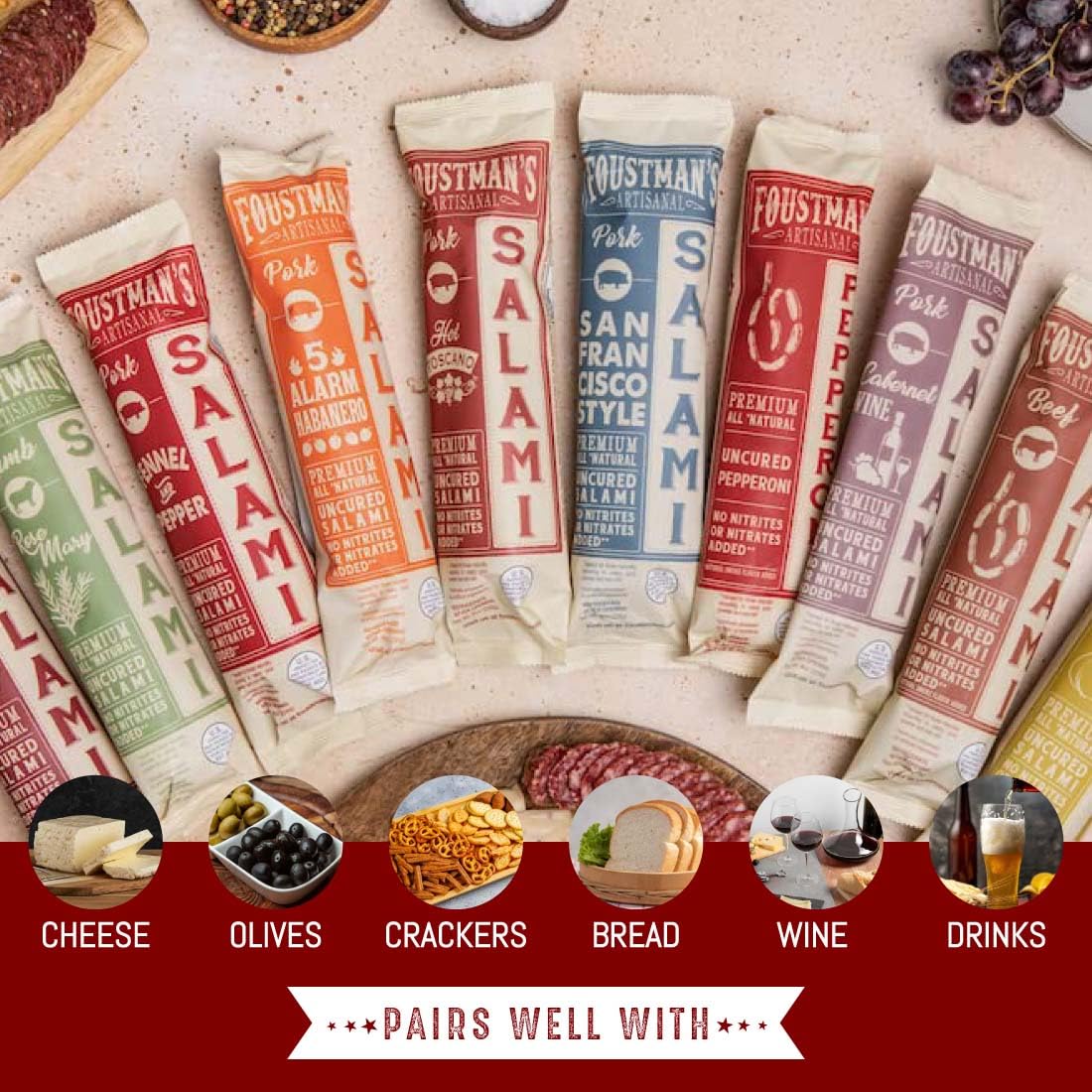 Foustman'S Salami Garlic Lamb Artisanal, Nitrate-Free, Naturally Cured, Gluten-Free, Dairy-Free, No Pork, 8 Oz Sticks