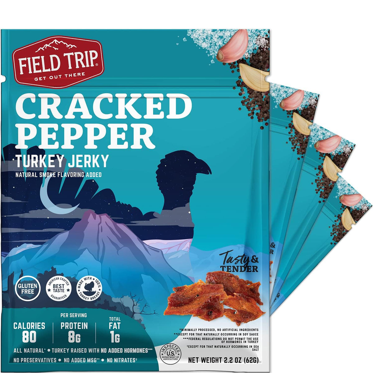 Field Trip Turkey Jerky, Gluten Free, Low Carb, Cracked Pepper, 2.2oz Bags, 4 Pack