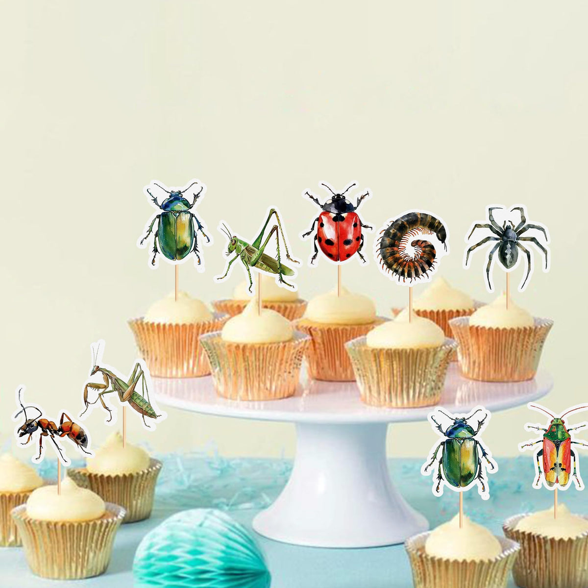 Ercadio 32 Pcs Insect Theme Cupcake Toppers Ladybugs Millipedes Grasshoppers Spiders Ants Cupcake Pick Decorations For Insect Th