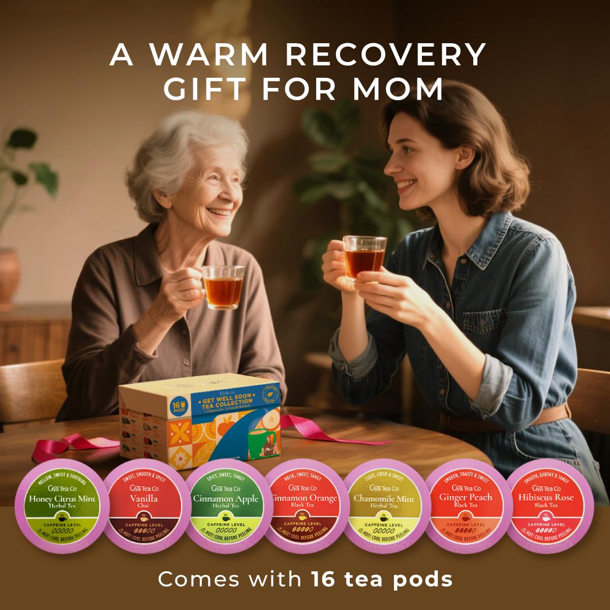 Gya Tea Co Get Well Soon Collection Tea Gift Set (16 Ct) - 7 Flavors Assorted Tea Pod Variety Pack With Hibiscus Rose, Cinnamon