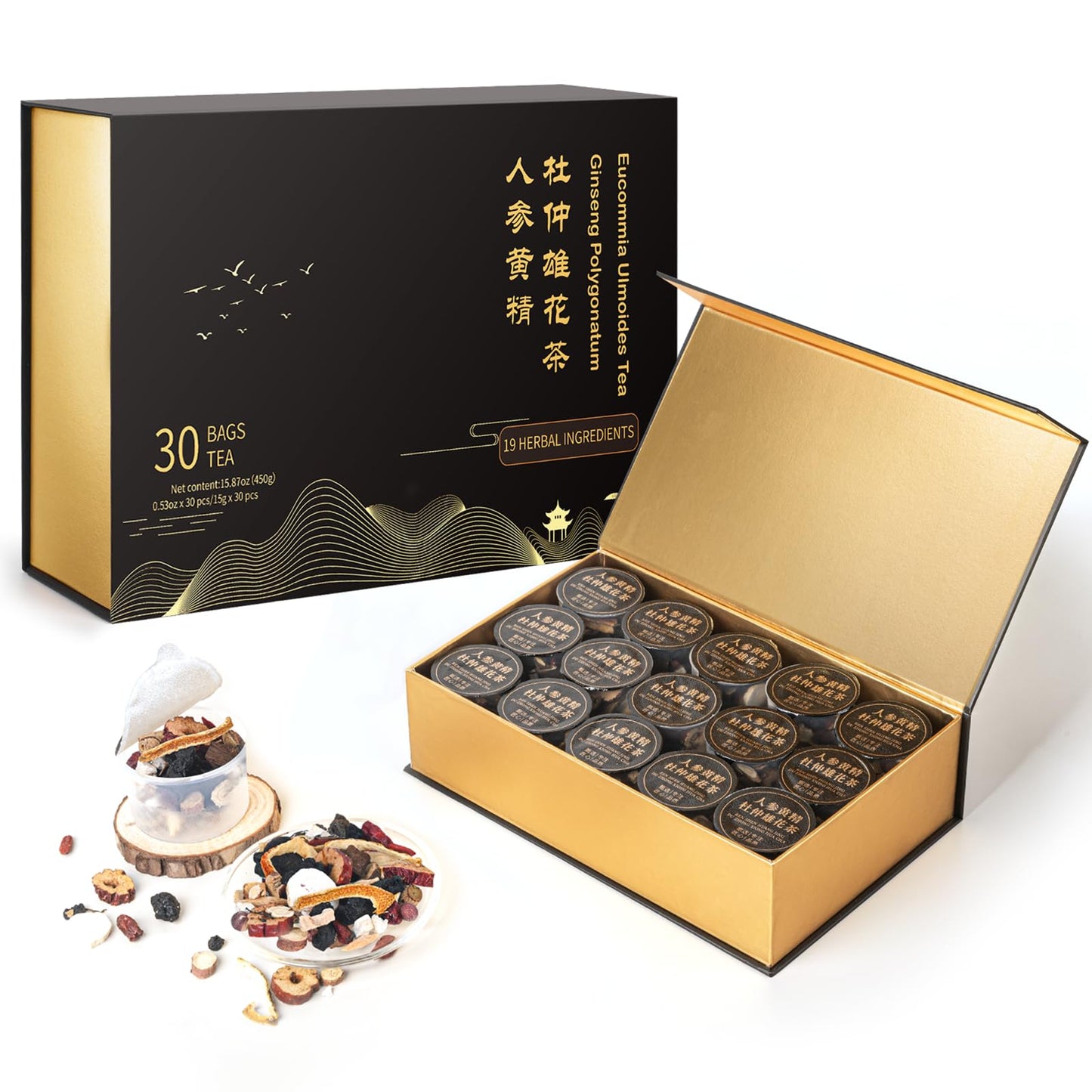 Christmas Tea Gift Set - Flavor Blendseng Polygonatum Eucommia Male Flower Tea  Tpartyl Edition Gift Box For Men Women  No Additives  Energy Blend Free  19 Precious Natural Herbal Ingredients(30 Cans/1 Box)