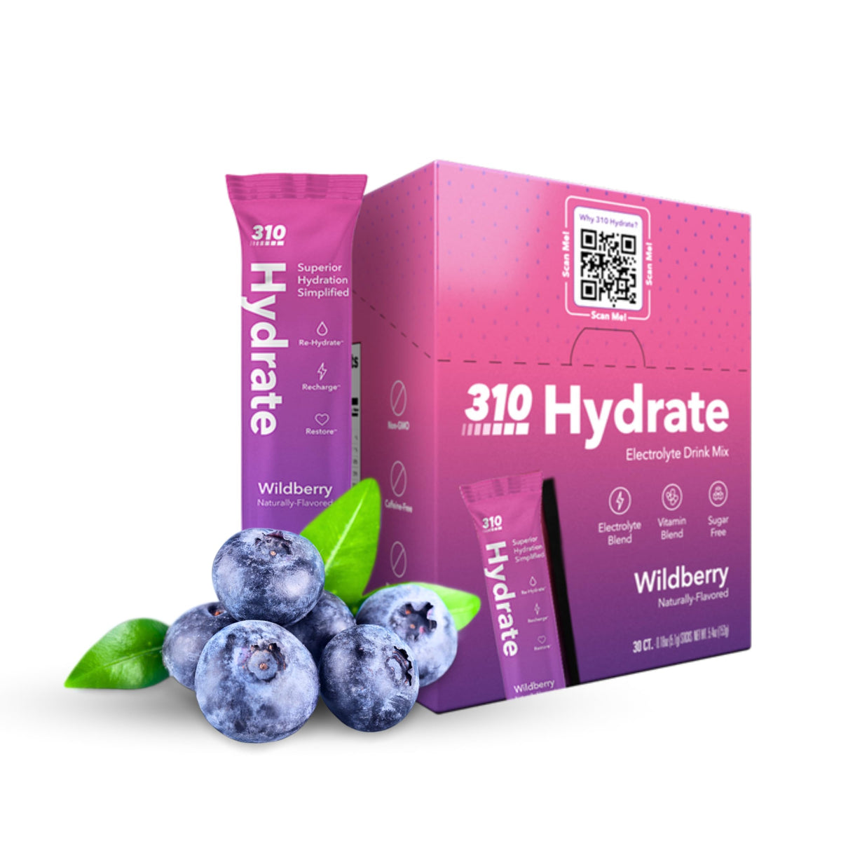 310 Hydrate Wildberry Electrolytes Powder Packets - No Sugar Hydration Packets with Key Vitamins & Minerals - Keto Friendly - Ta