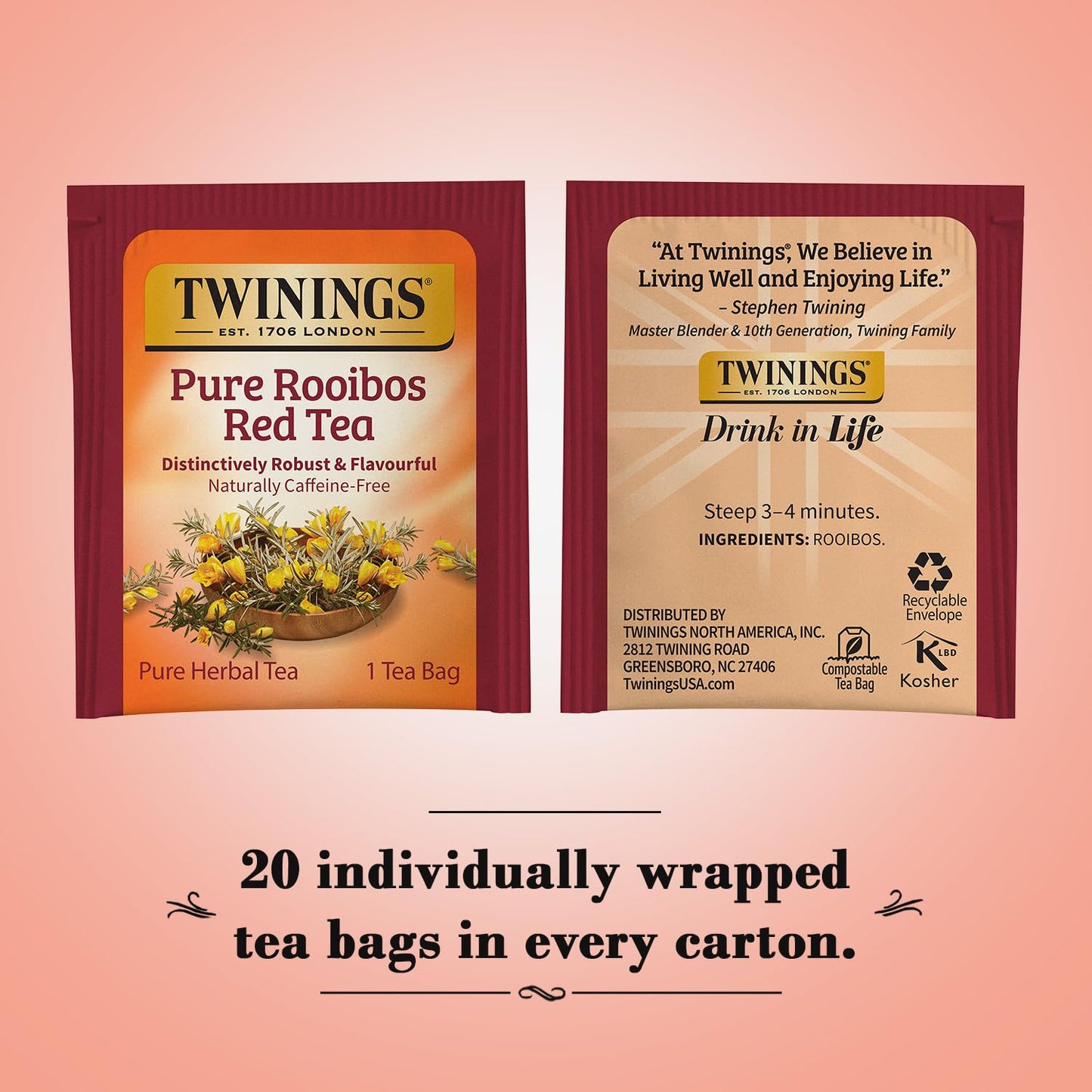 Twinings Rooibos Red Tea Bags, Caffeine-Free, Naturally Sweet & Tangy, 20 Count (Pack of 2)