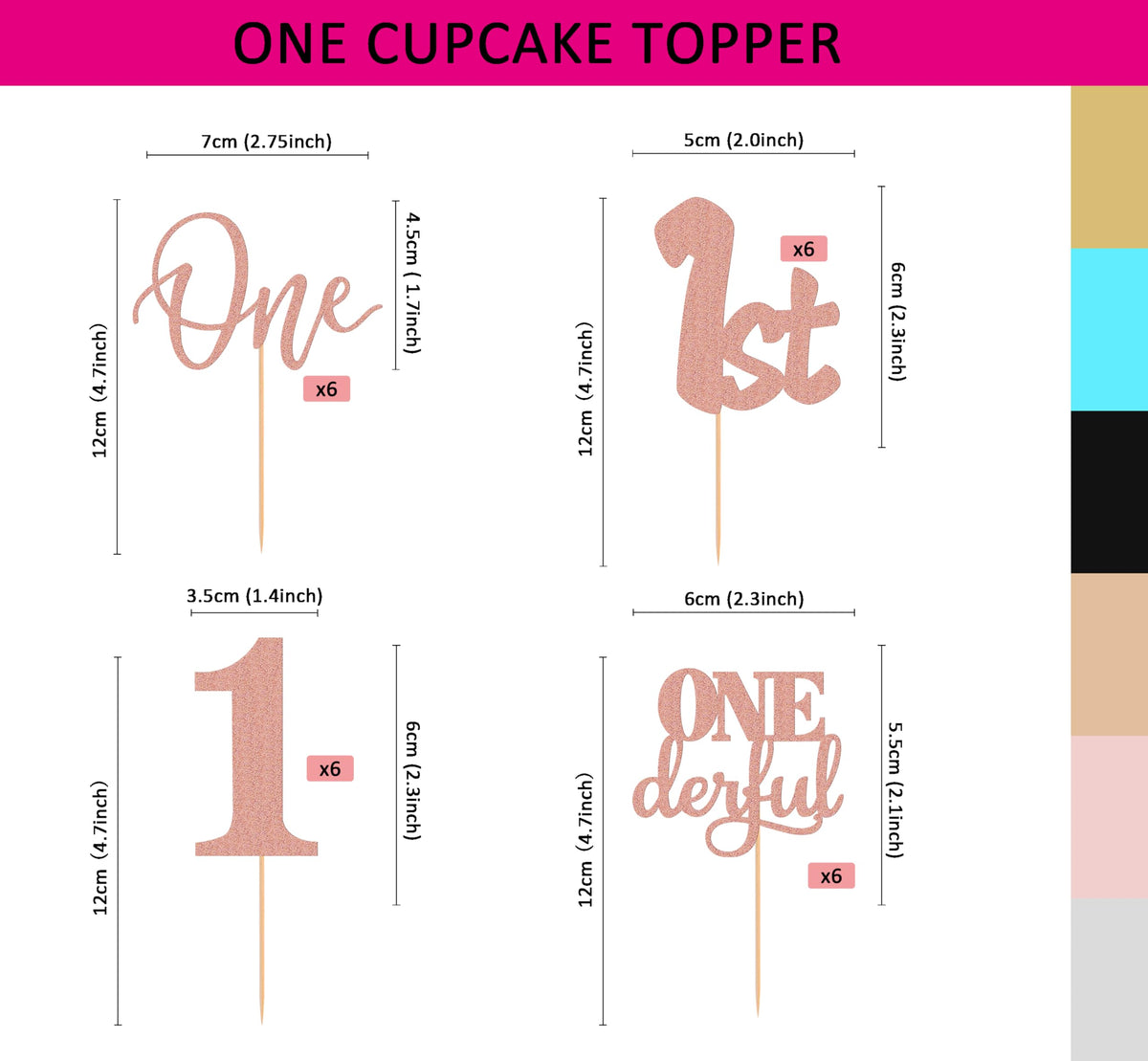 24Pack First Birthday Cupcake Topper - Glitter Pink One Cupcake Picks,1St Birthday Cupcake Decorations Supplies (Pink)