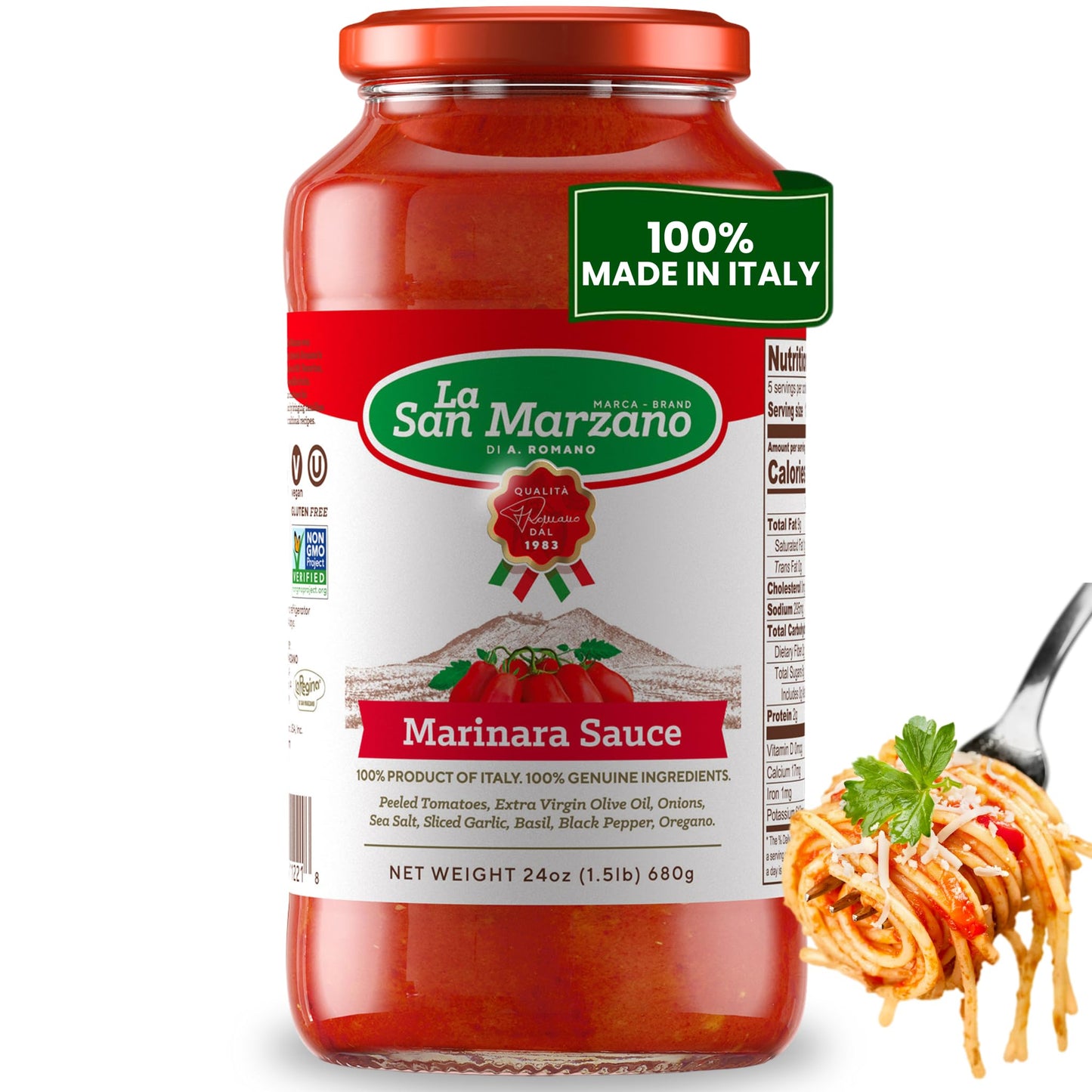 La San Marzano Marinara Sauce, All Natural, Non-GMO, Vegan, Gluten Free, 24 oz, 1.5 lb