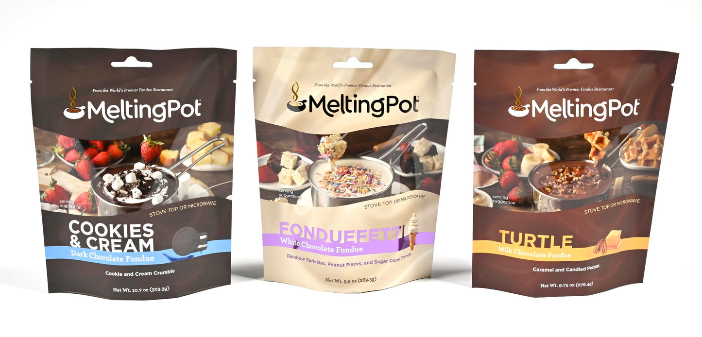 Melting Pot Chocolate Fondue; Mini Chocolate Wafers For Melting, Milk Chocolate Turtle Flavor, Pack Of 3, 9.75Oz Bags