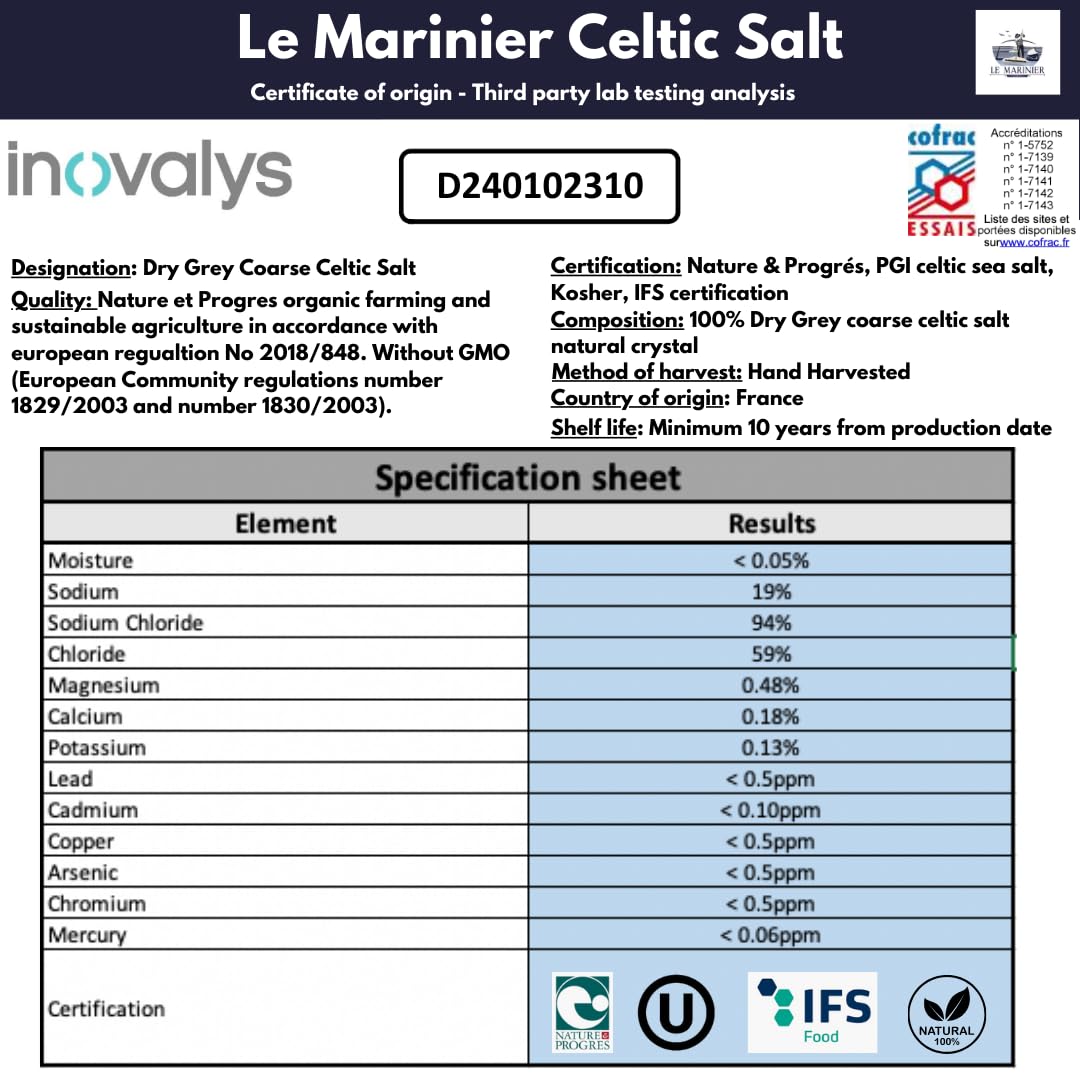 Le Marinier French Sea Salt Dry Grey Coarse, 1.1Lb – 18Oz (500G). Mineral Rich 100% Natural And Unrefined. Perfect For Grinders. Coarse Celtic Salt Organic. Hand Harvested Mineral Salt (1.1Lb Dry Grey)