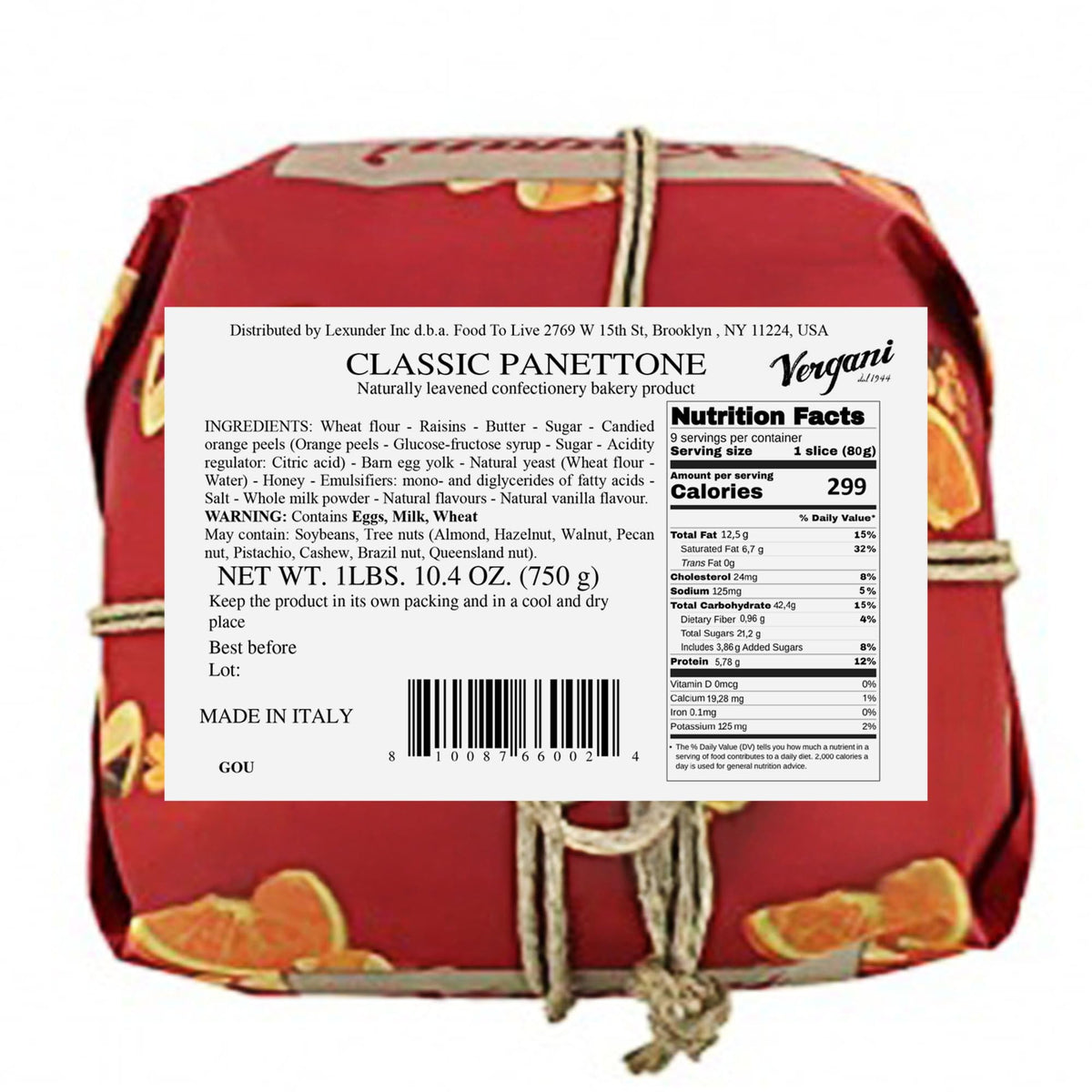 Vergani Classic Panettone, Pack Of 1 - Artisan Holiday Bread, Festive Dessert, Enhanced Gift, Traditional Baked Loaf - 750G (1.65 Lb) X1