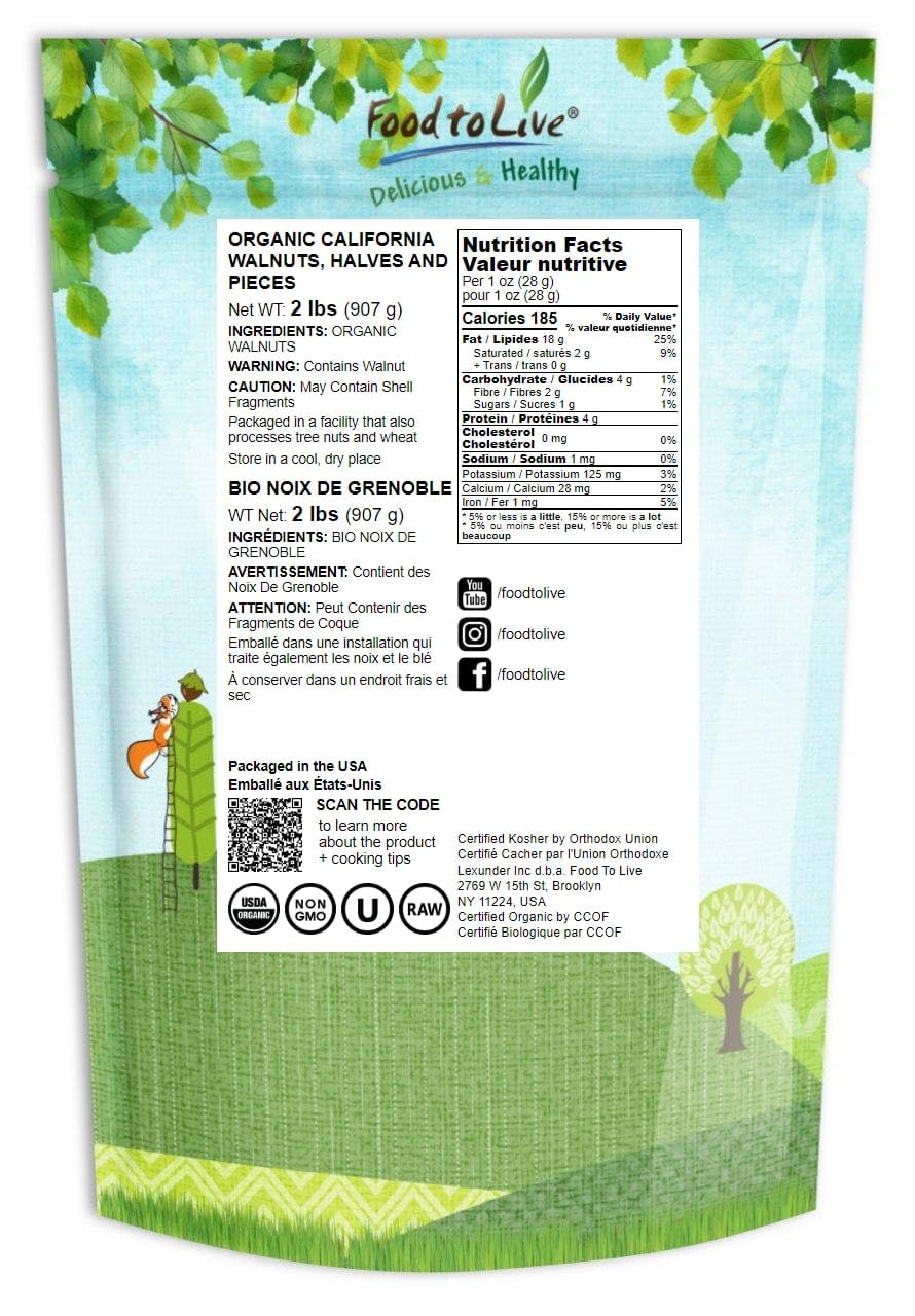 Food To Live Organic California Walnuts Halves & Pieces, 2 Pounds - Non-Gmo, Raw, Unsalted, Shelled, Vegan, Sirtfood, Bulk. High