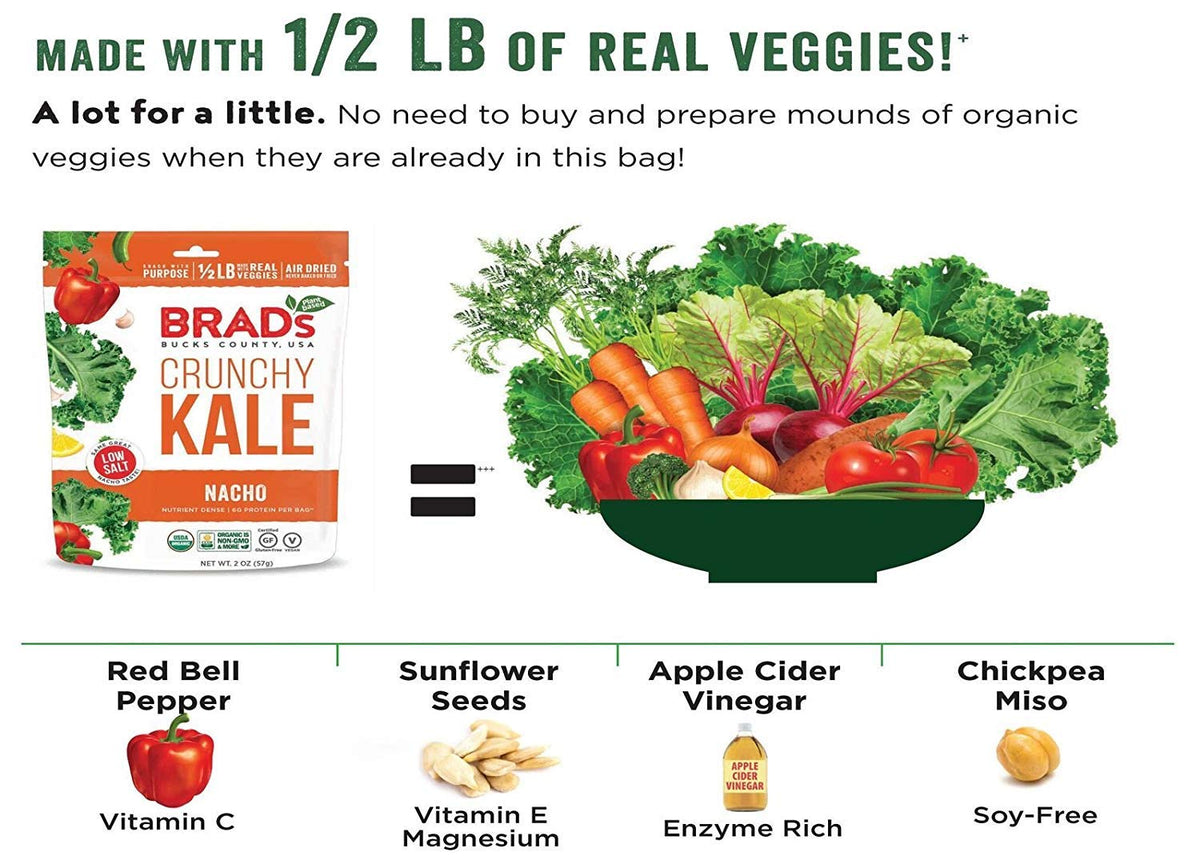 Brads Plant Based Organic Crunchy Kale, Nacho, 6 Bags, 12 Servings Total