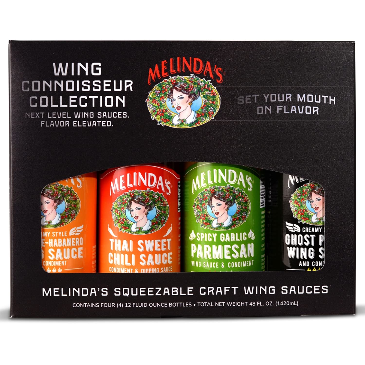 Melindas Wing Connoisseur Collection - Craft Wing Sauce Set, 12 Fl Oz (Pack of 4) - Includes Cayenne Habanero, Thai Sweet Chili, Spicy Garlic Parmesan,