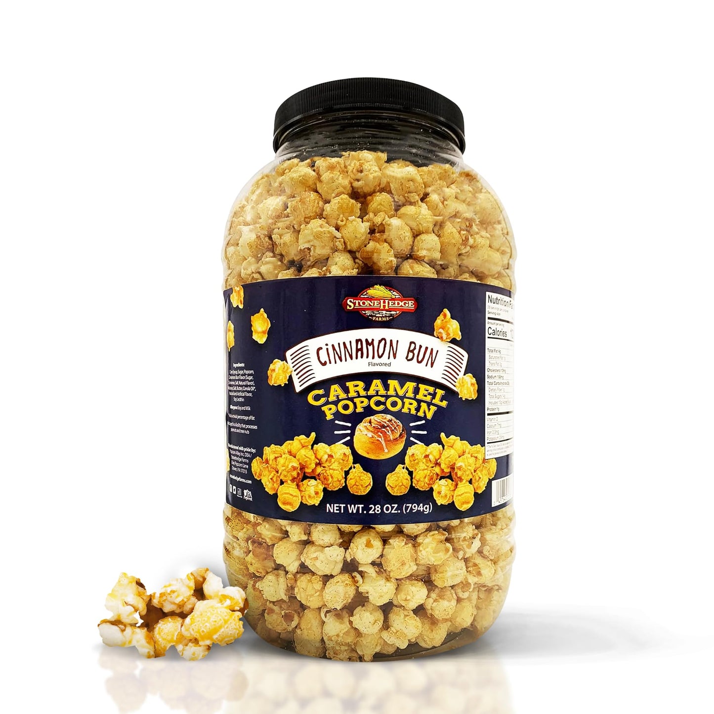 Stonehedge Farms Cinnamon Bun Flavored Popcorn - 28 Oz Large Tub - Bulk Gourmet Deliciously Old Fashioned Popped Sweet Snacks -
