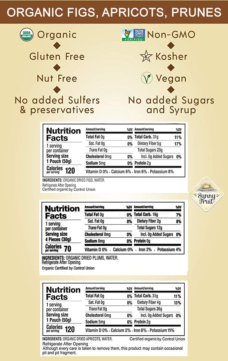 SUNNY FRUIT Organic Dried Fruit Assortment - Prunes, Figs & Apricots, 15 Packs (1.76 oz each), Vegan, Non-GMO, No Sugar Added