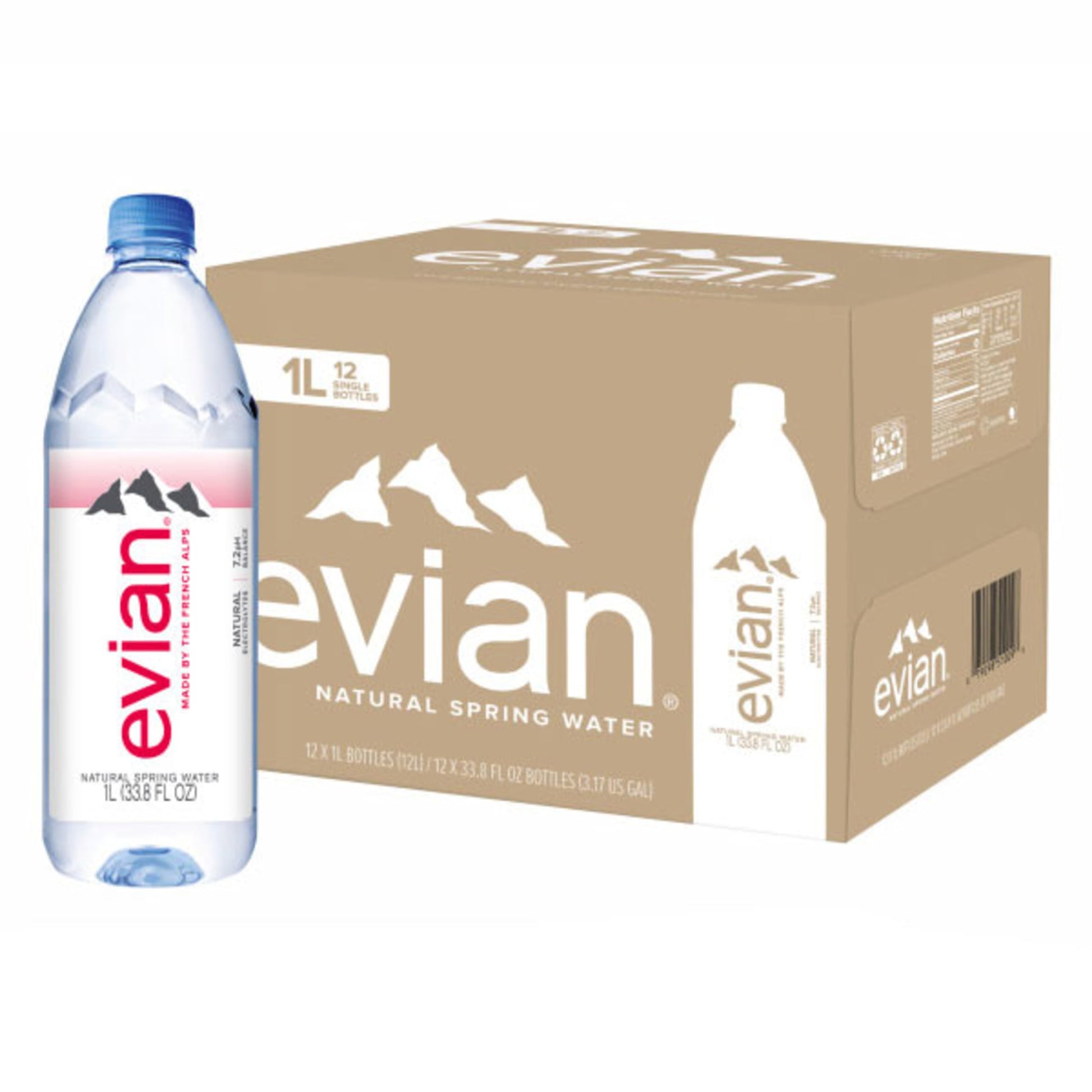 Evian Natural Spring Water, 1 L Bottle, 12 Pack