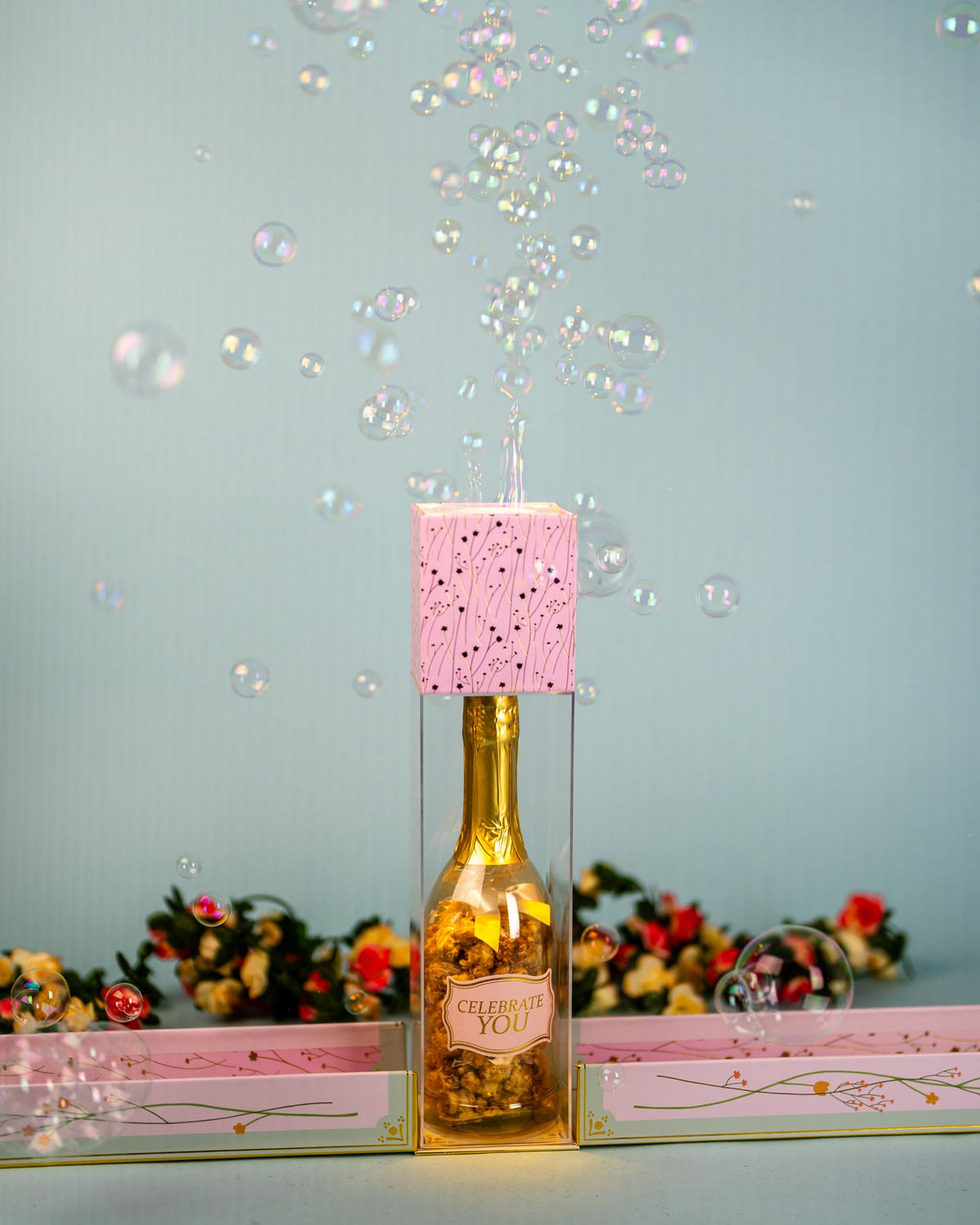 Birthday Floral Bubble Box With Caramel White Chocolate Popcorn By Send A Cake, Ready To Gift, No Assembly Required - Unique Happy Birthday Gift For Women, Men, Sister, Mom, Dad, Best Friend