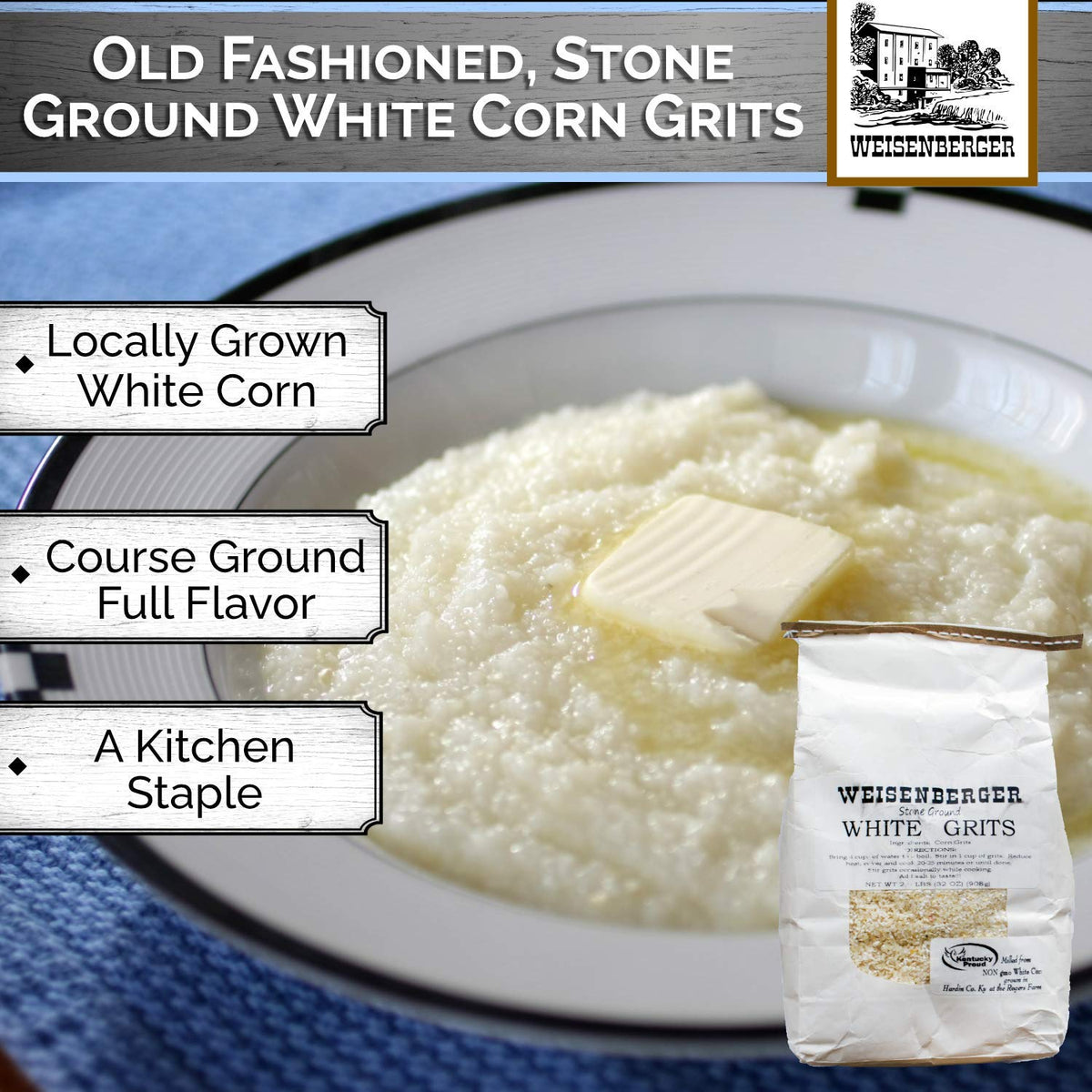 Weisenberger Stone Ground Grits, White, Non-GMO, Coarse Ground, 2 lb