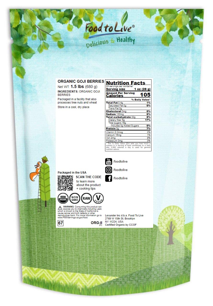 Food To Live Organic Goji Berries, 1.5 Pounds – Sun Dried, Large And Juicy, Non-Gmo, Raw, Vegan, Sirtfood, Bulk